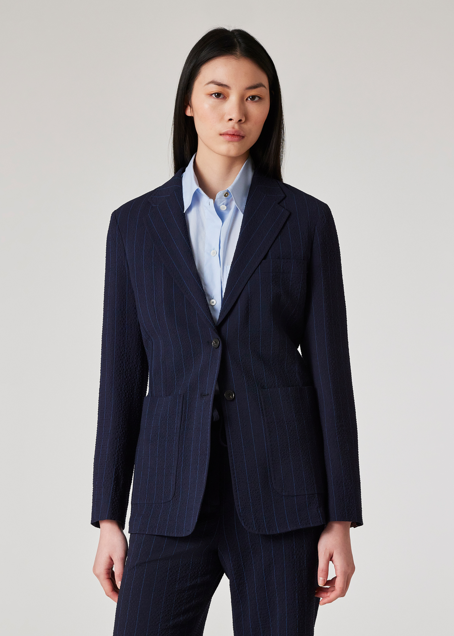 Women's Wool-Blend Navy Seersucker Pinstripe Blazer Women's Wool-Blend Navy Seersucker Pinstripe Blazer