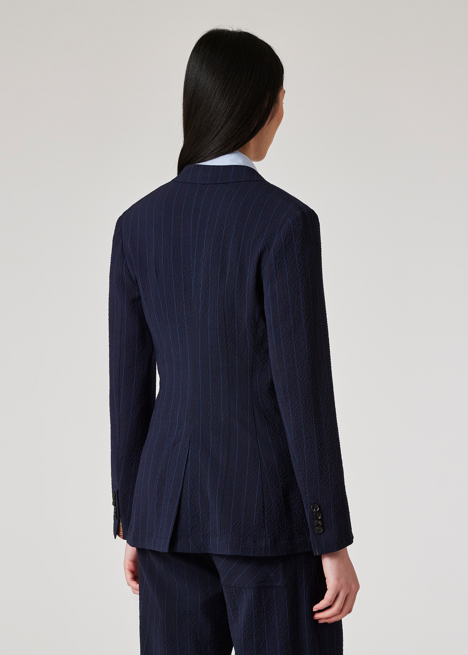 Women's Wool-Blend Navy Seersucker Pinstripe Blazer Women's Wool-Blend Navy Seersucker Pinstripe Blazer