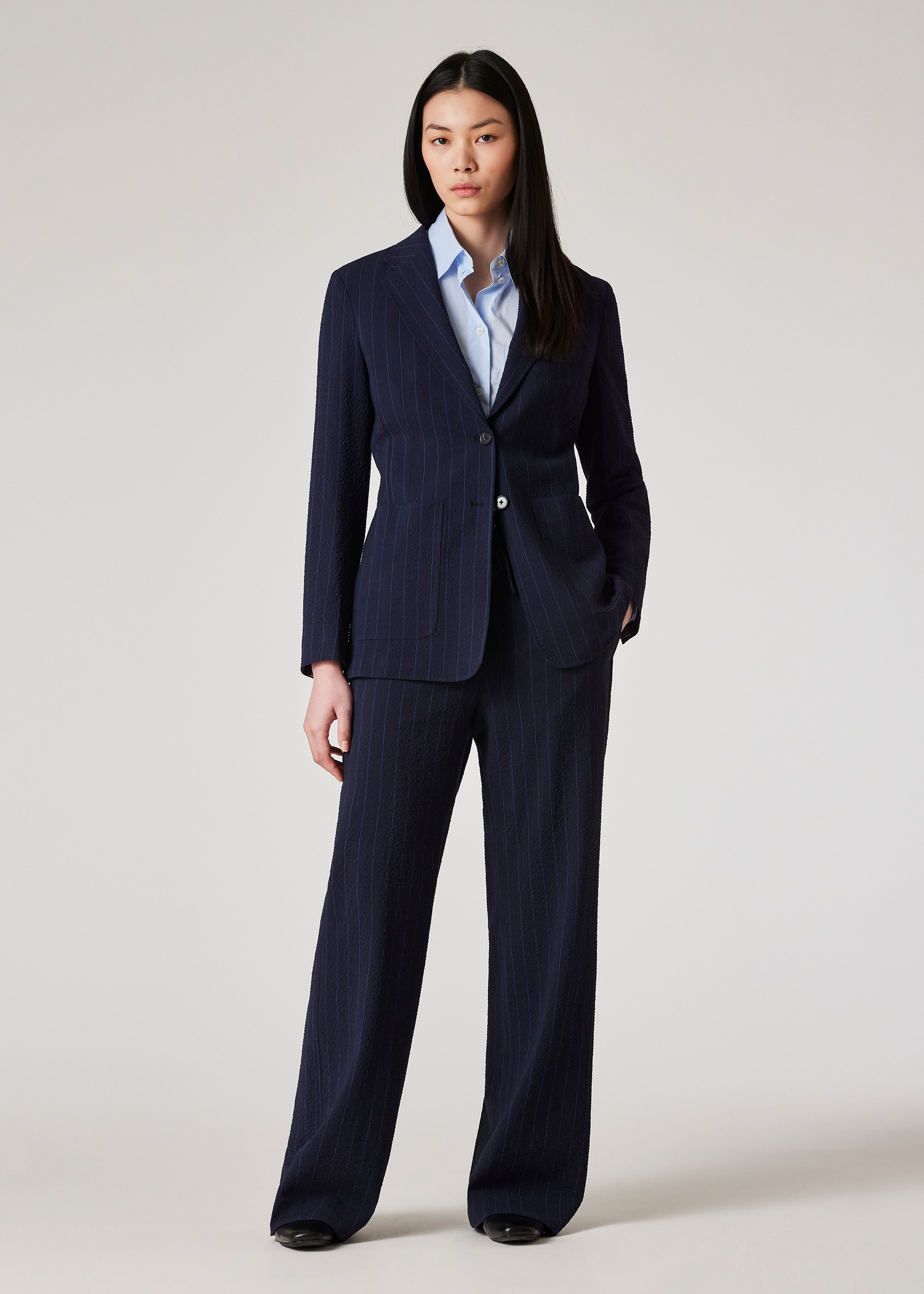 Women's Wool-Blend Navy Seersucker Pinstripe Blazer