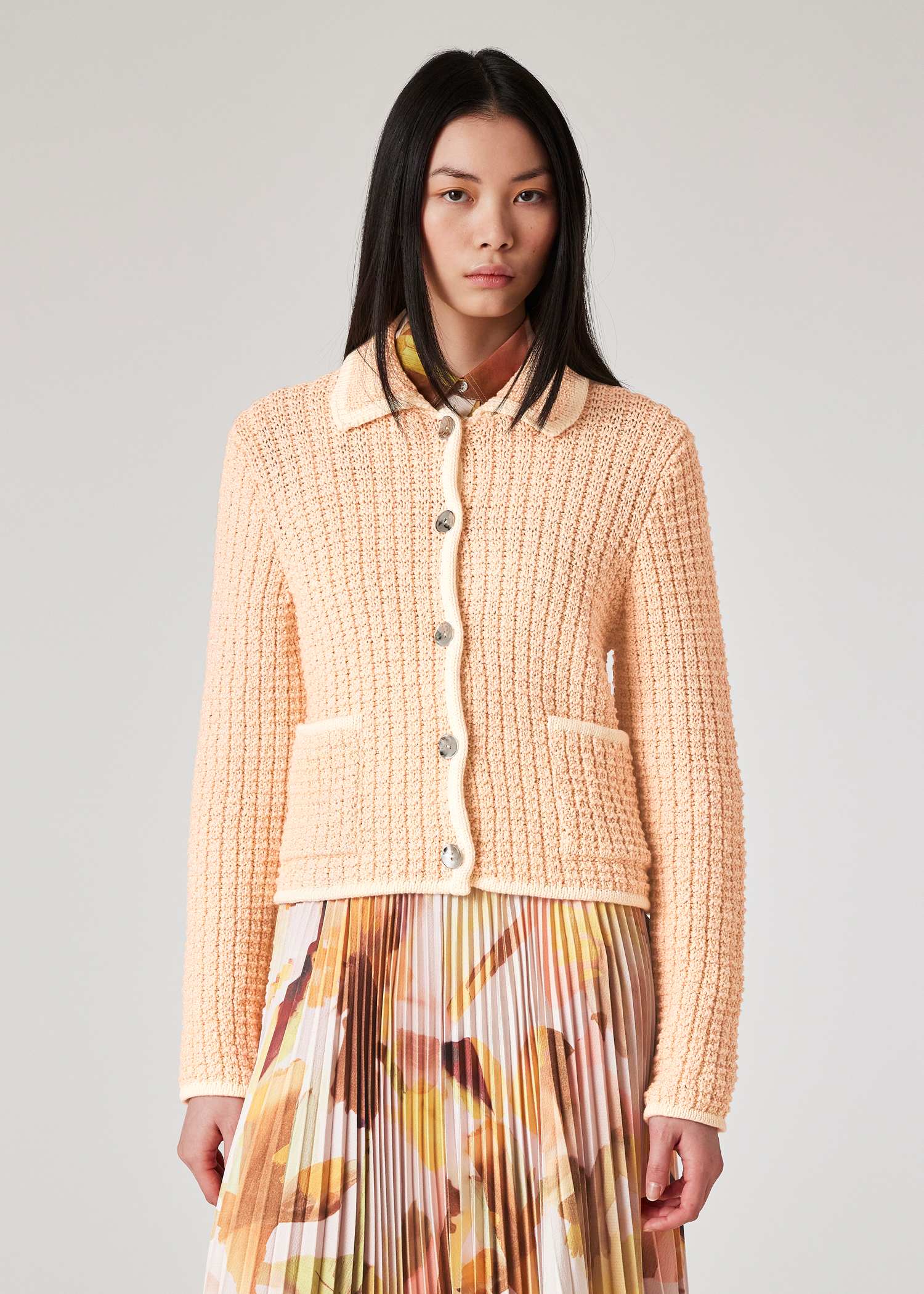 Women's Cotton Light Orange Textured Knitted Jacket