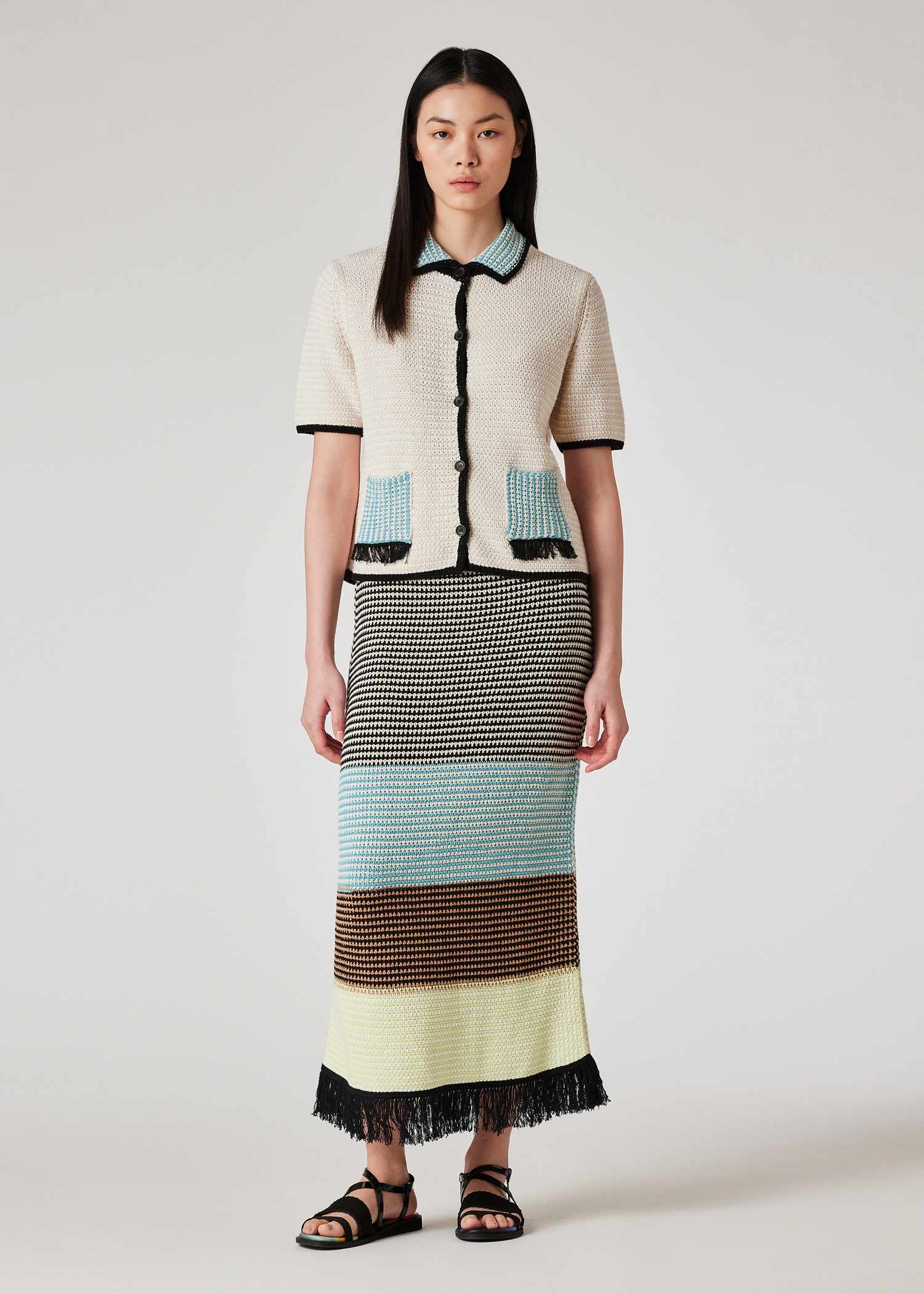 Mixed Knit V-Neck Cardigan and Knit Skirt Set