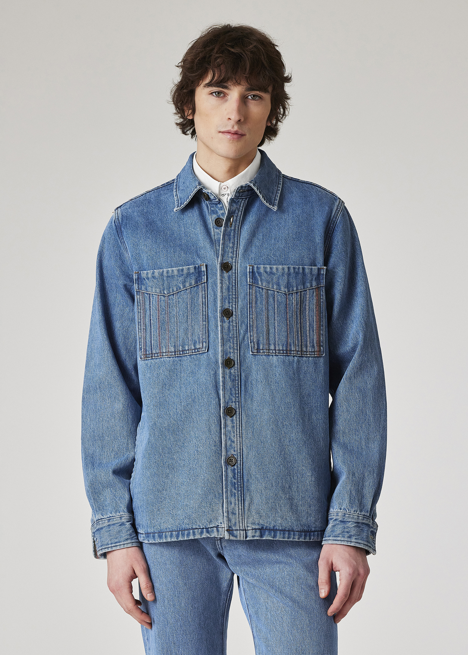 PS Paul Smith Light-Wash Denim Embroidered-Stripe Shirt Jacket 