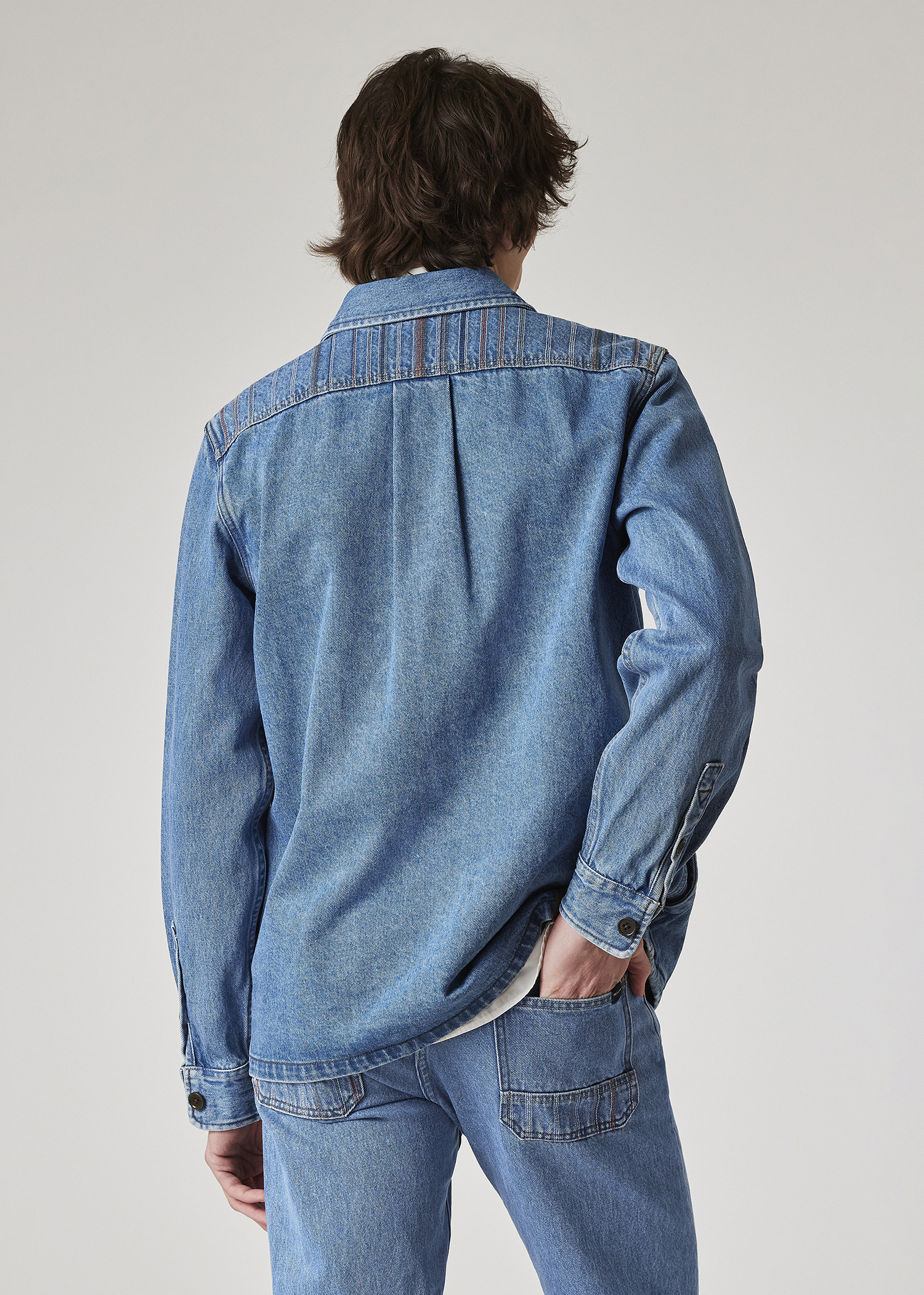 Men's Light-Wash Denim Embroidered-Stripe Shirt Jacket