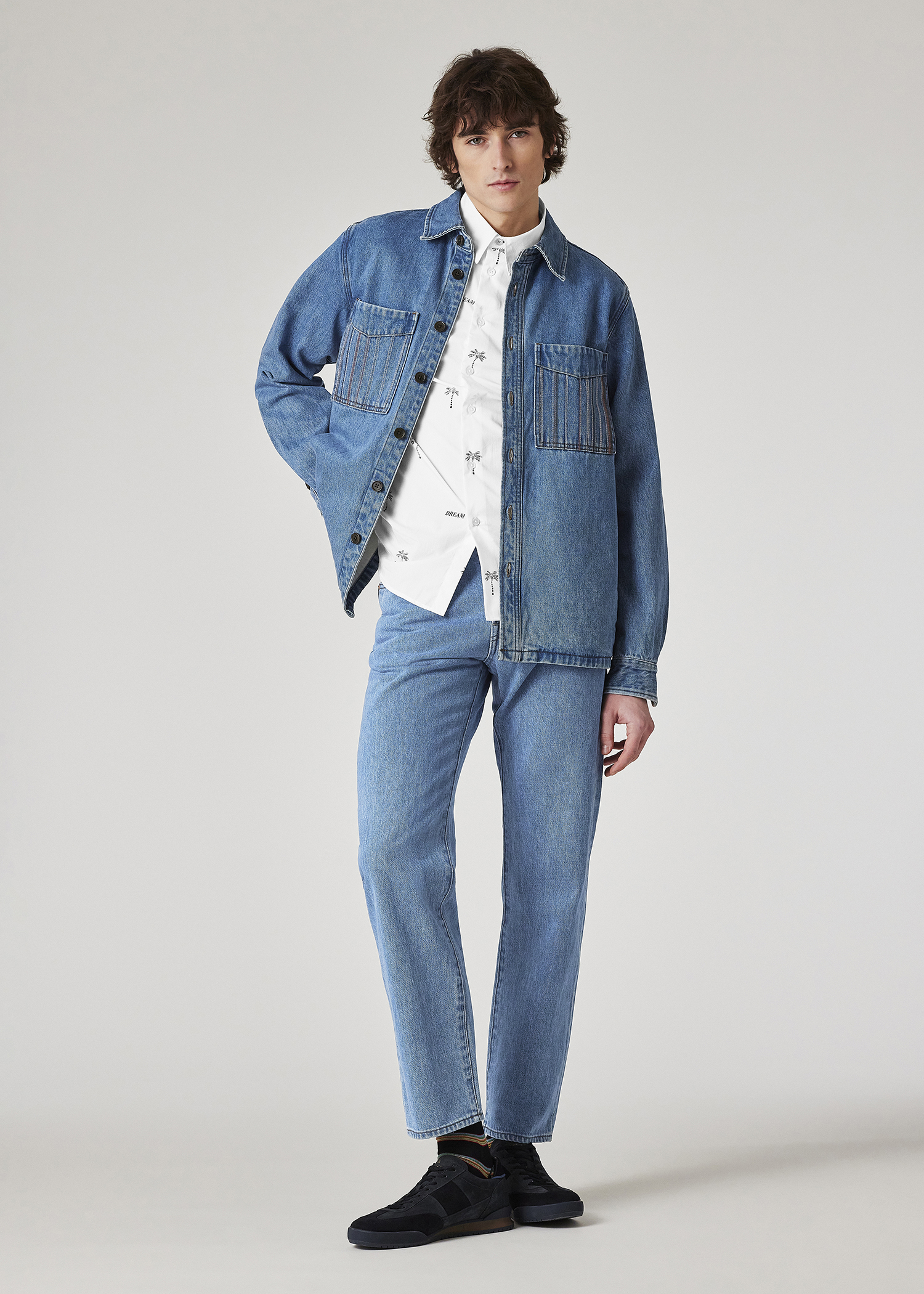Men's Light-Wash Denim Embroidered-Stripe Shirt Jacket
