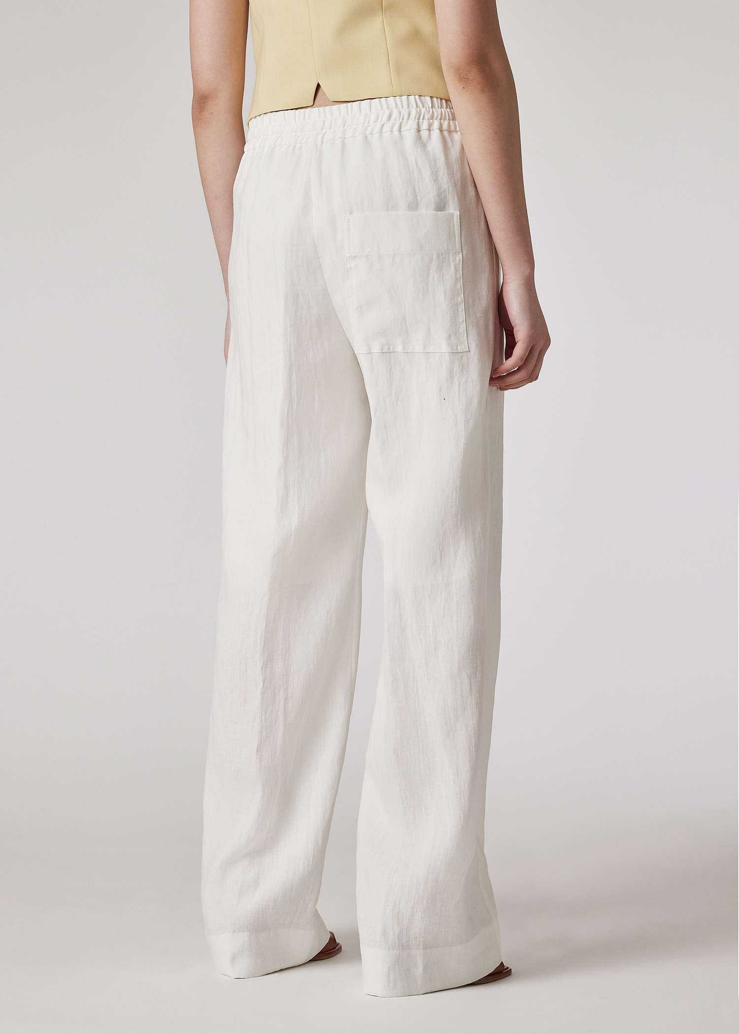 Women's Ivory Linen Wide Leg Drawstring Trousers