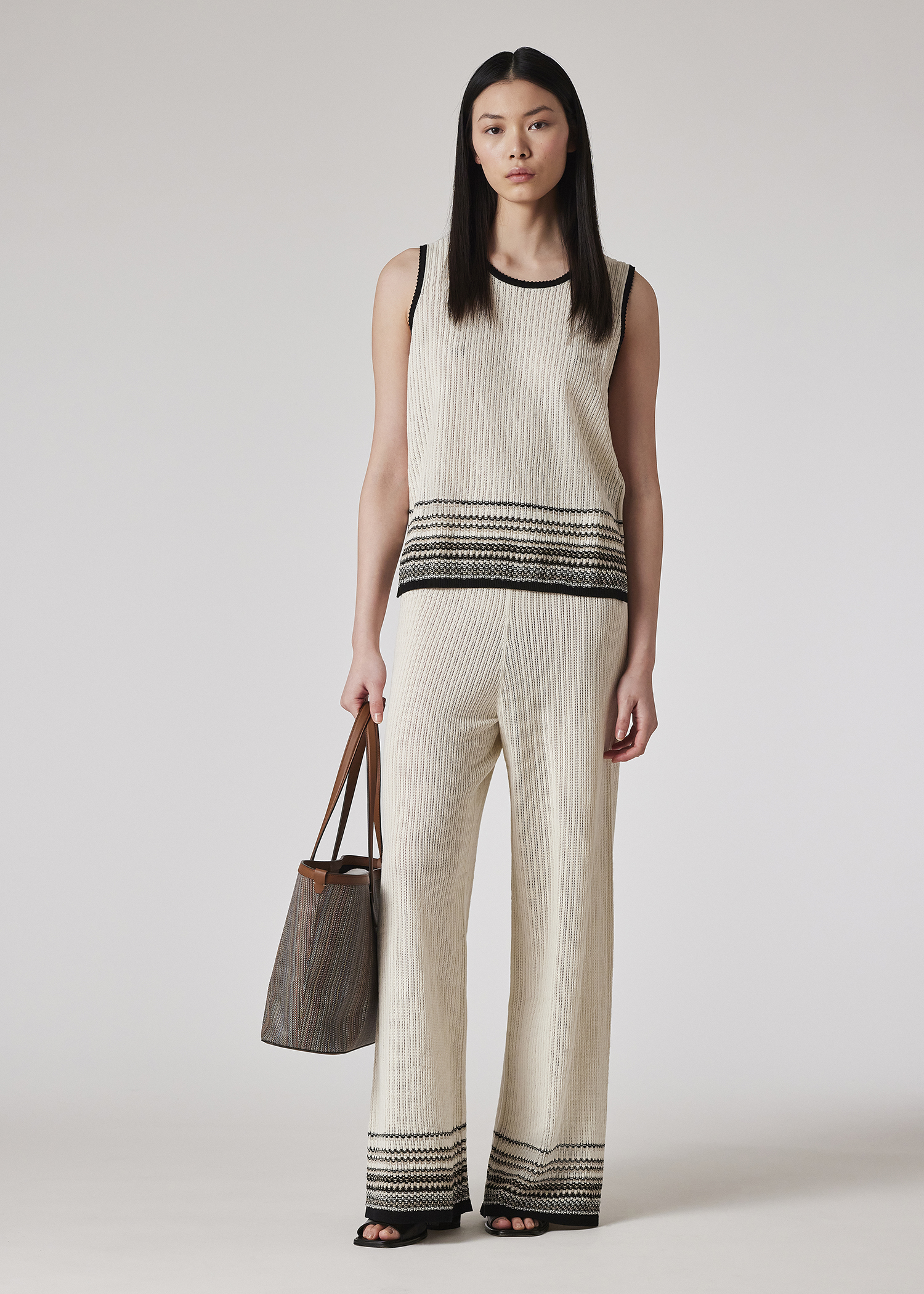 Women's Ivory Cotton Knitted Stripe Trim Cropped Trousers