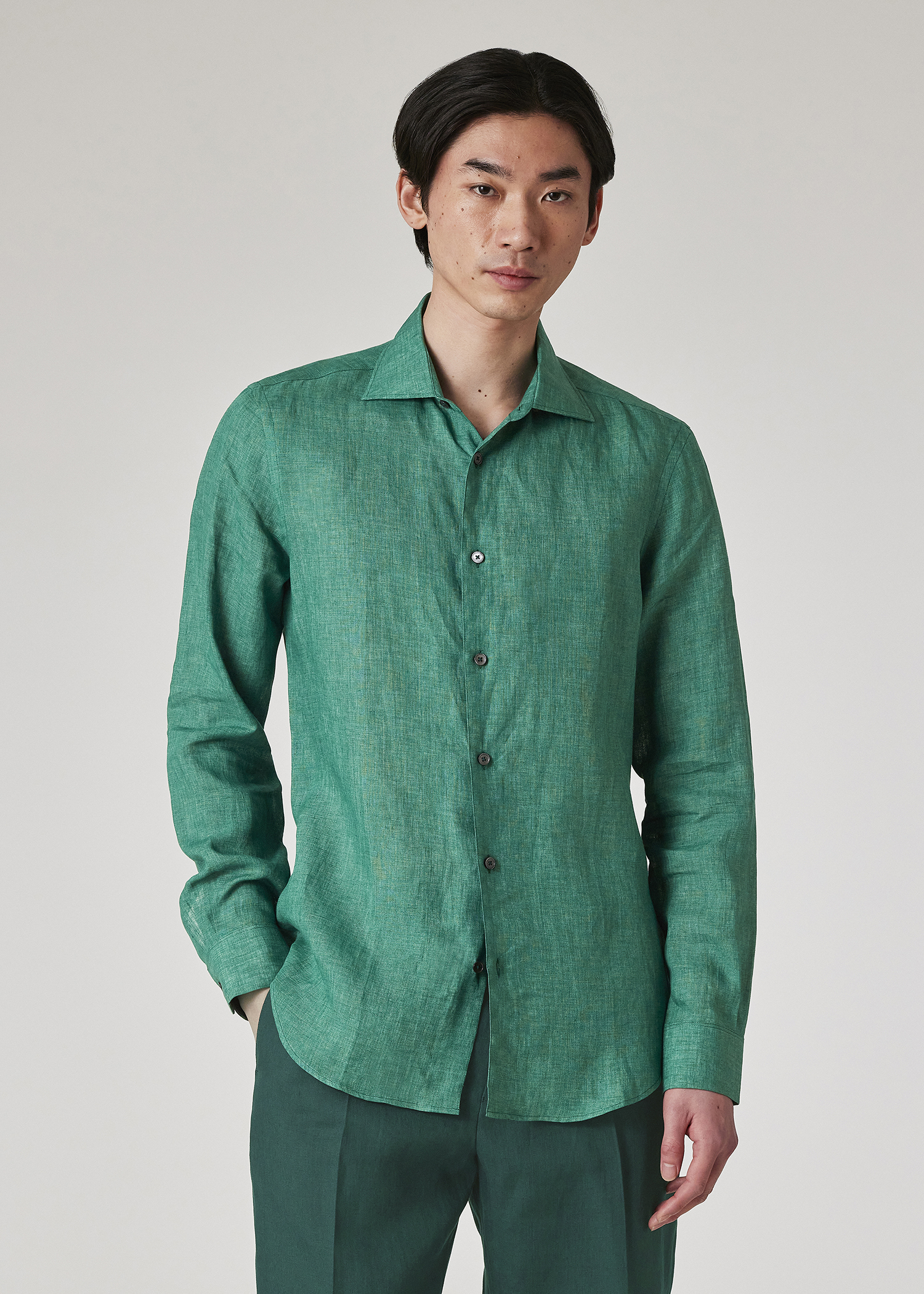 Slim-Fit Green Linen Shirt