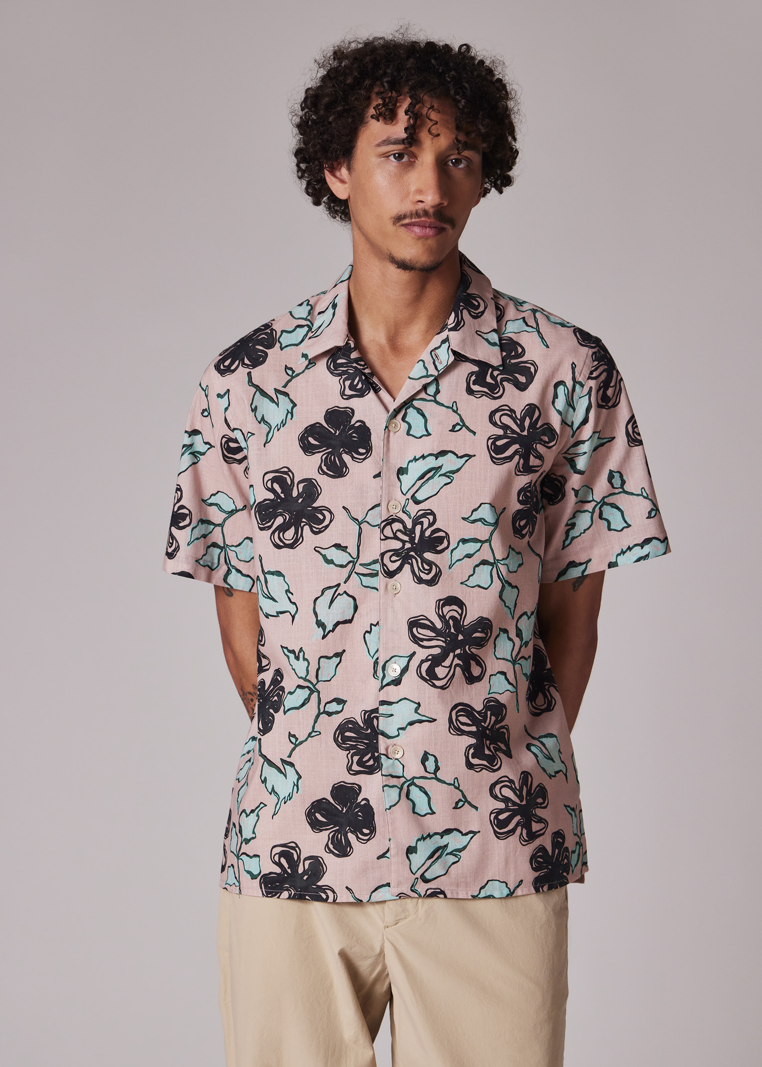 Men's Pale Pink 'Yukka' Print Short-Sleeve Shirt