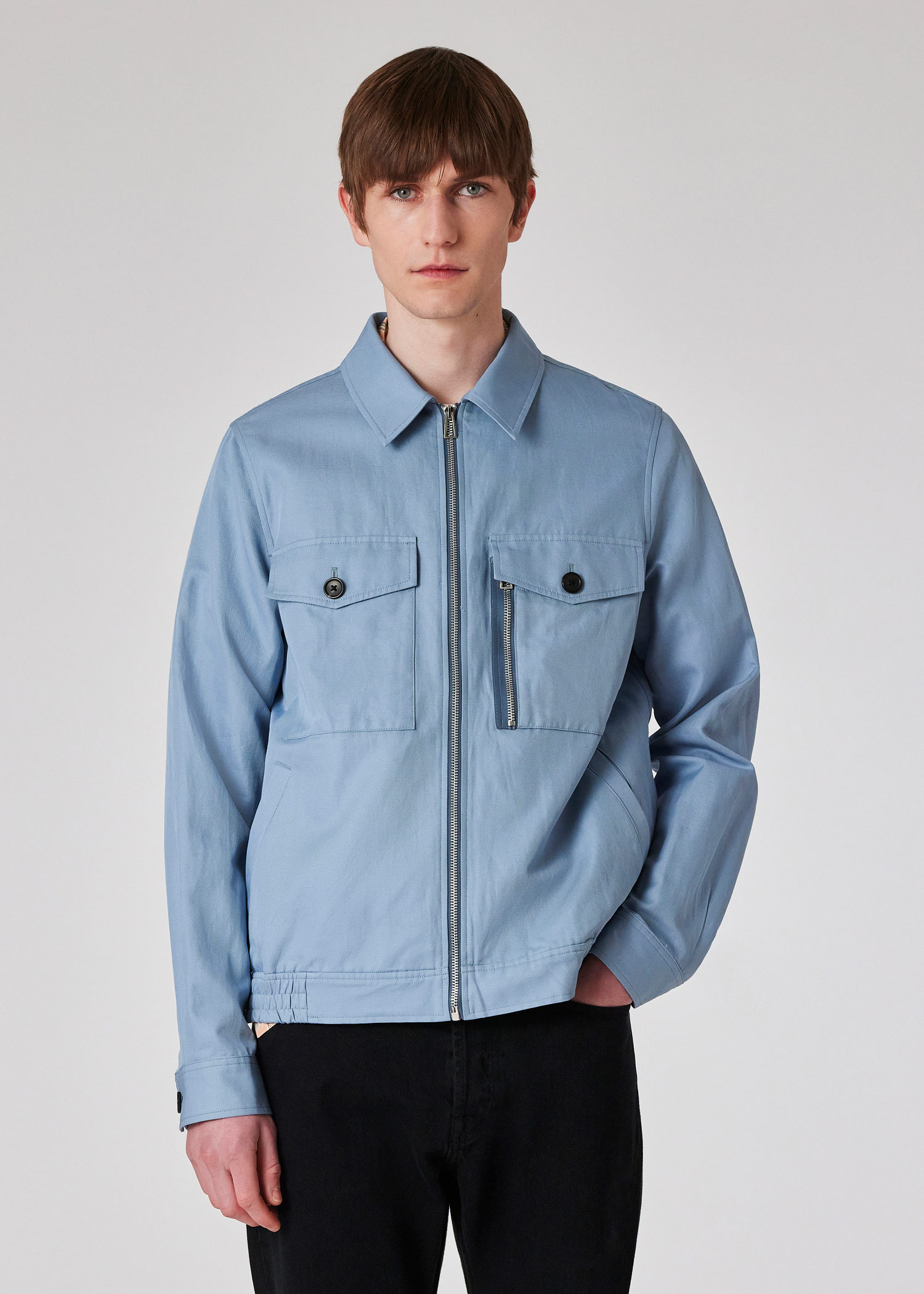Men's Light Blue Cotton-Linen Zip-Front Short Jacket