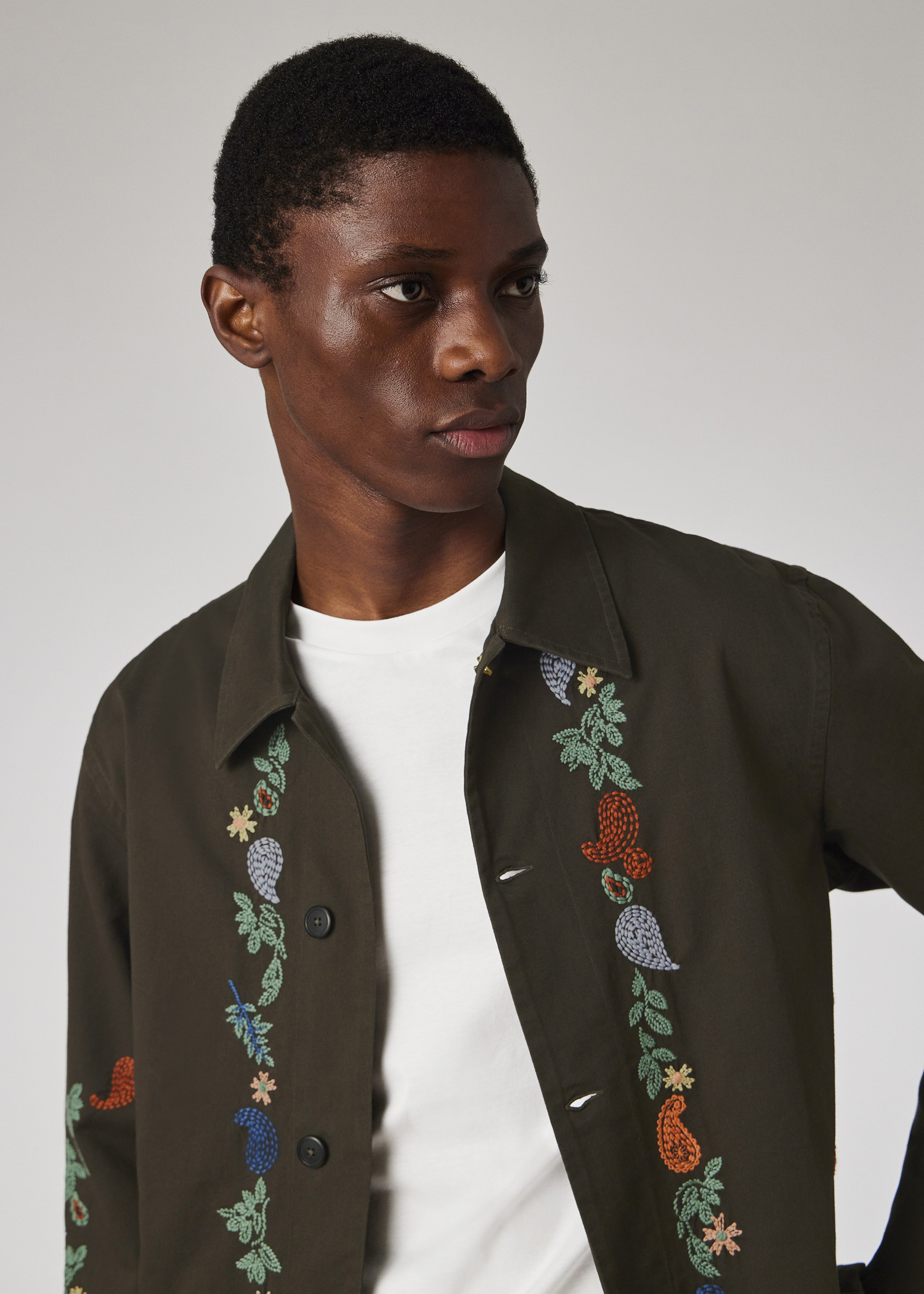 Men's Dark Green Embroidered Paisley Overshirt