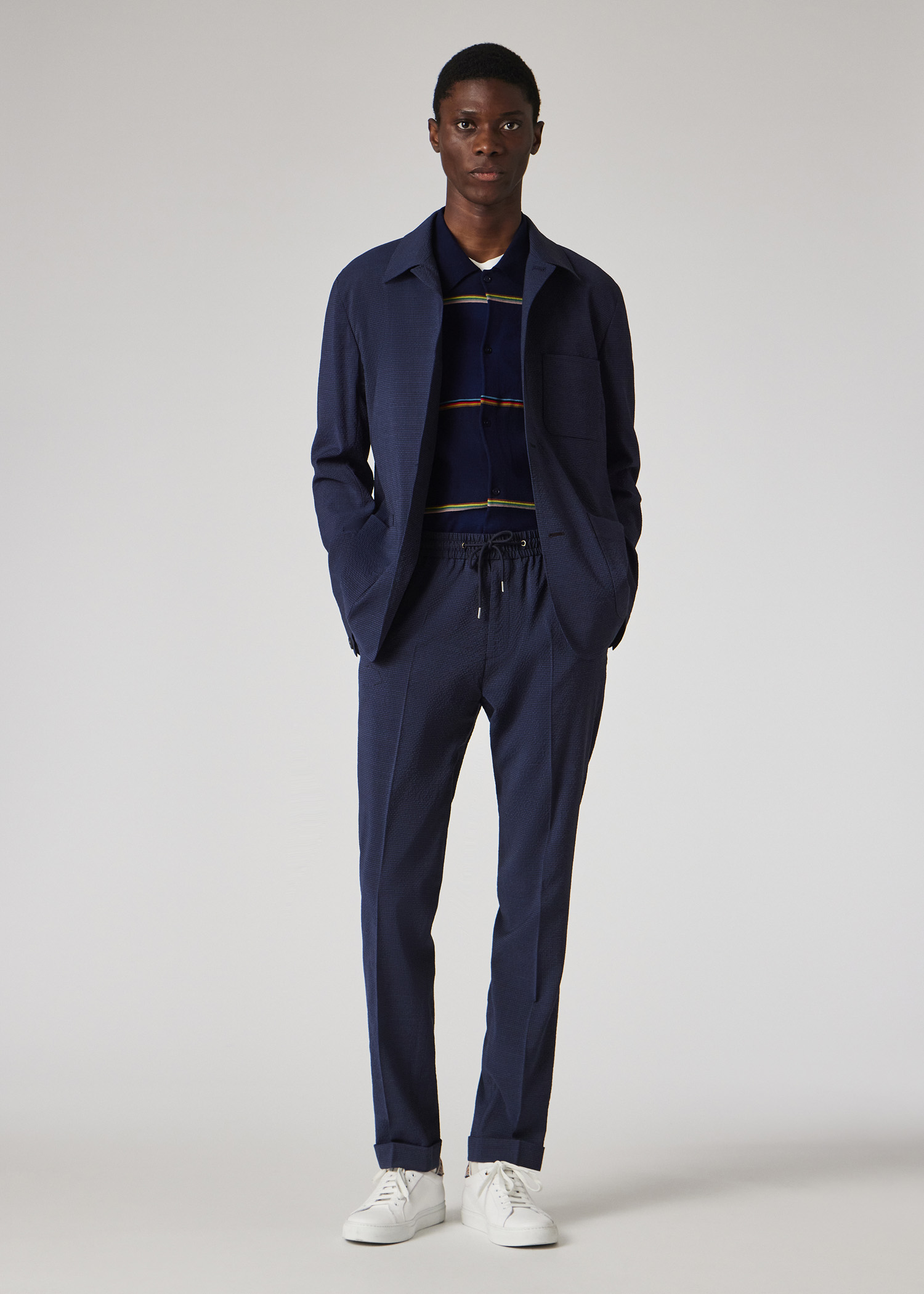 Navy Check Seersucker Drawstring Trousers