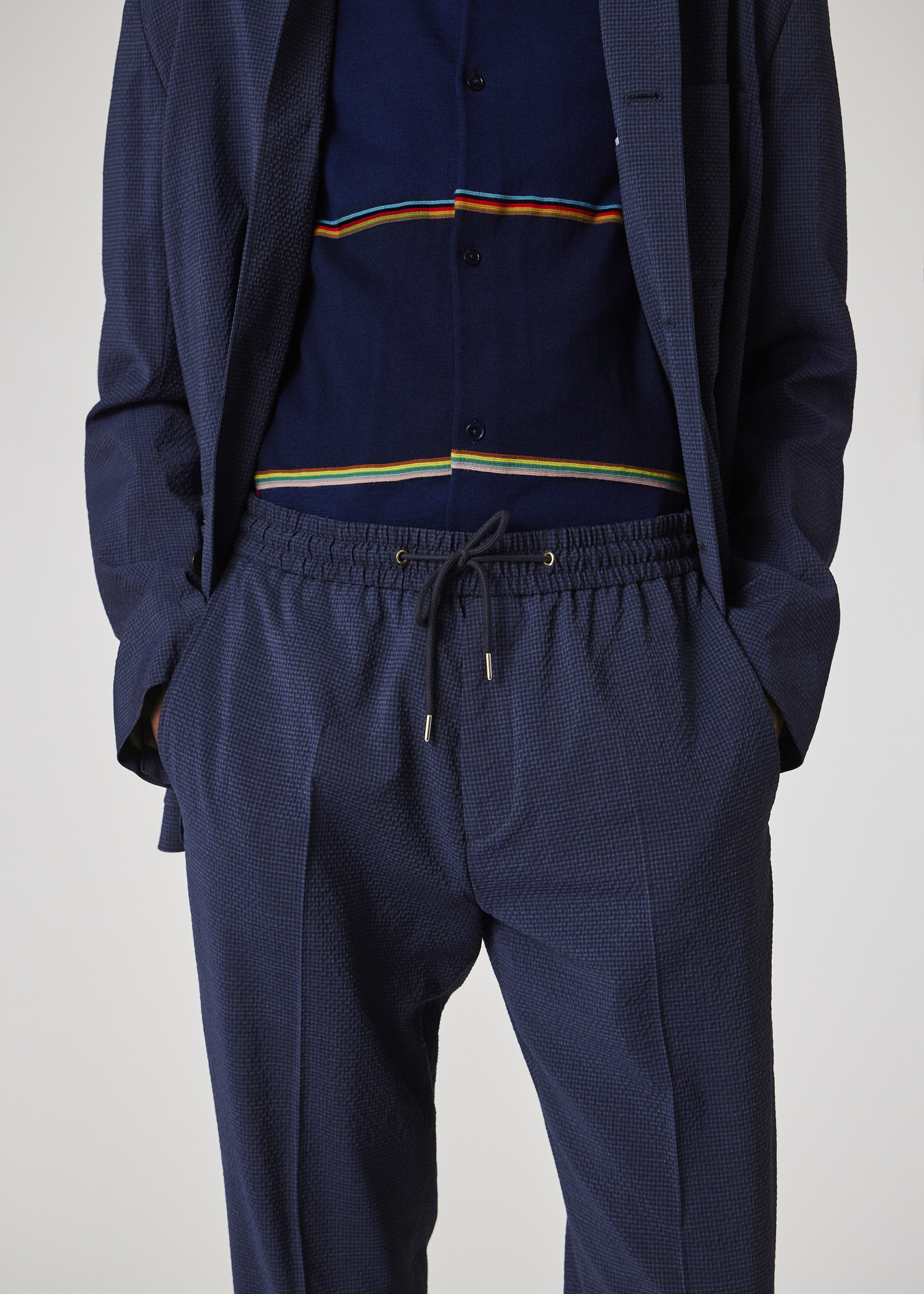 Navy Check Seersucker Drawstring Trousers