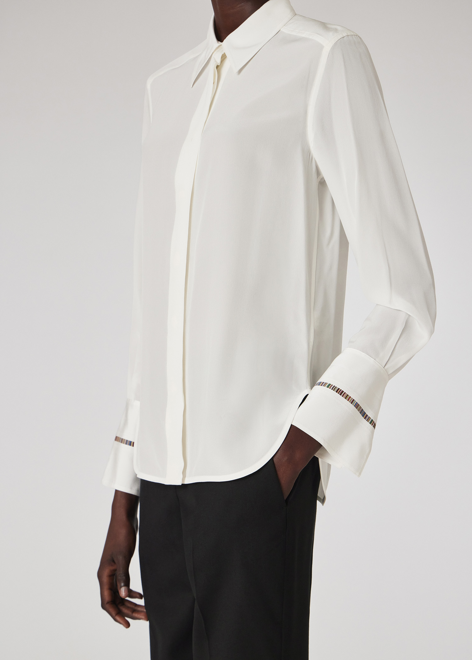 Women's White Silk 'Signature Stripe' Detail Shirt