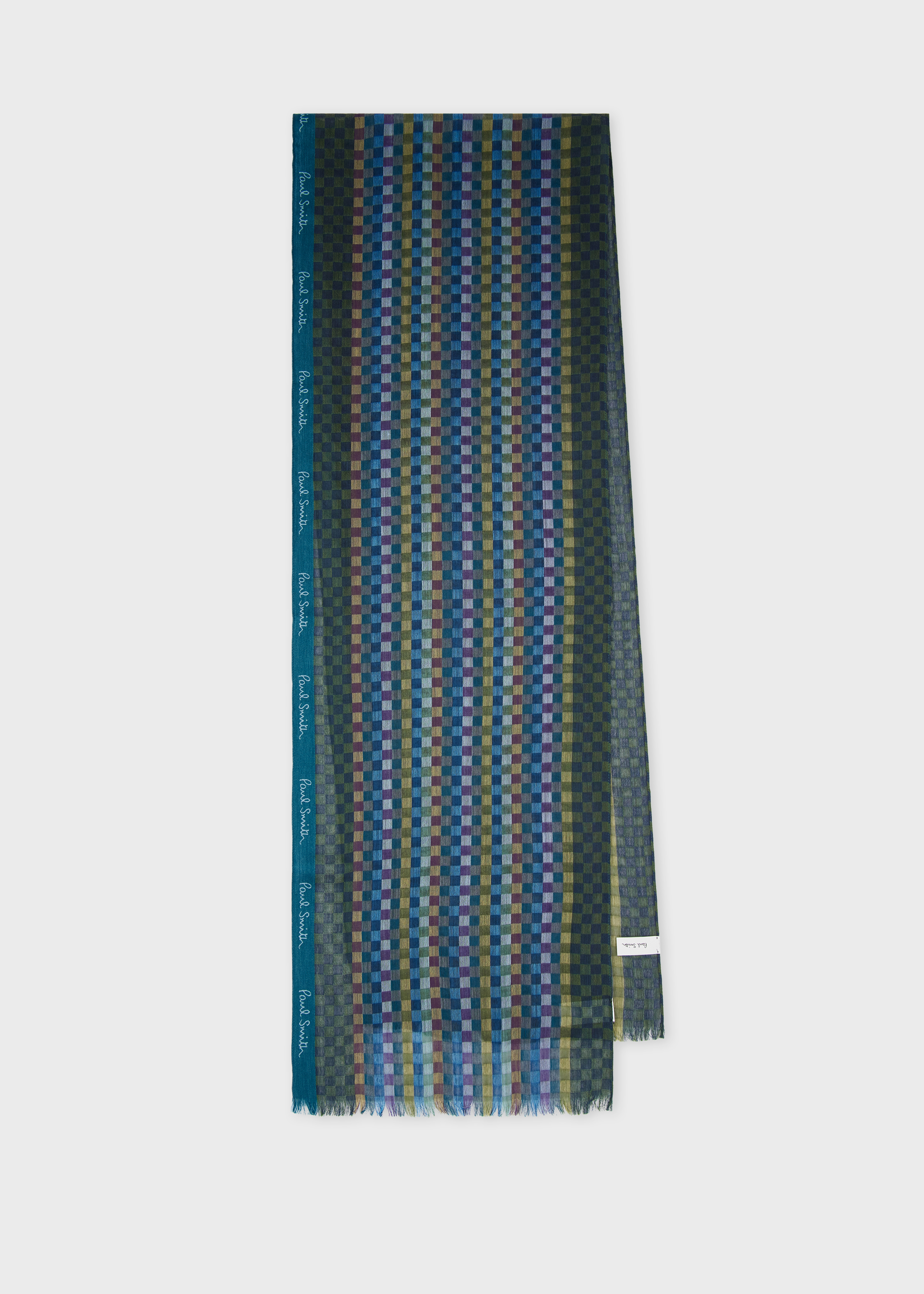 Men's Teal Blue Check Merino Wool Silk Blend Scarf