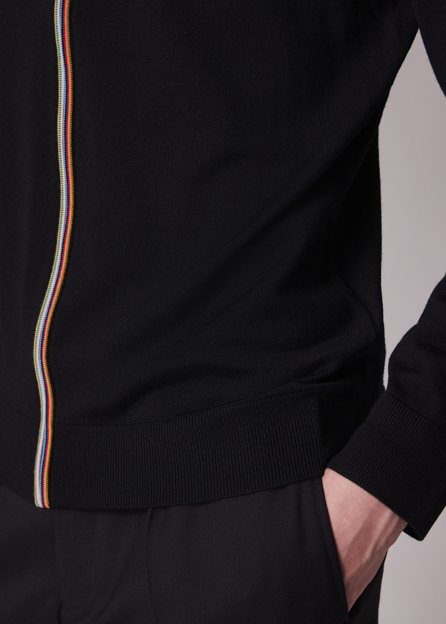 Men's Black Washable Merino Wool 'Signature Stripe' Zip Cardigan