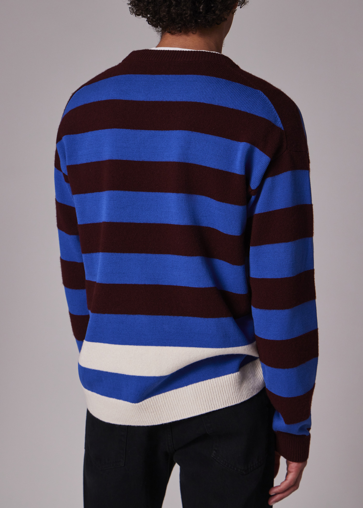 Lambswool Blue and Maroon Stripe Crew Neck Sweater