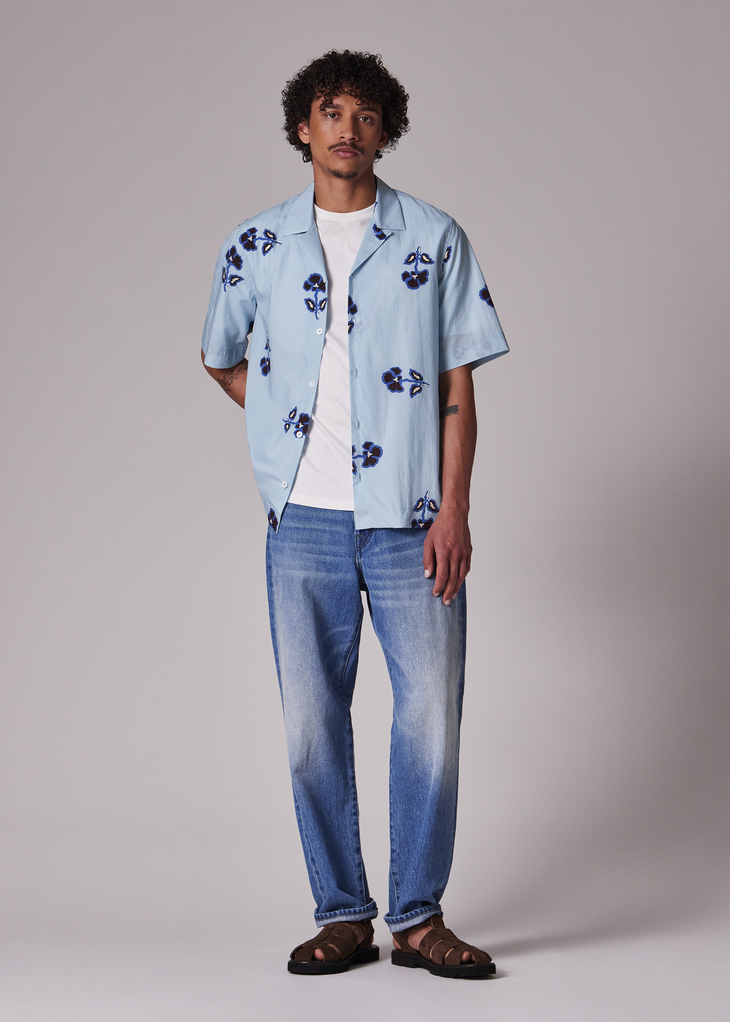 Men's Light Blue Cotton-Lyocell 'Tri Flower' Short-Sleeve Shirt