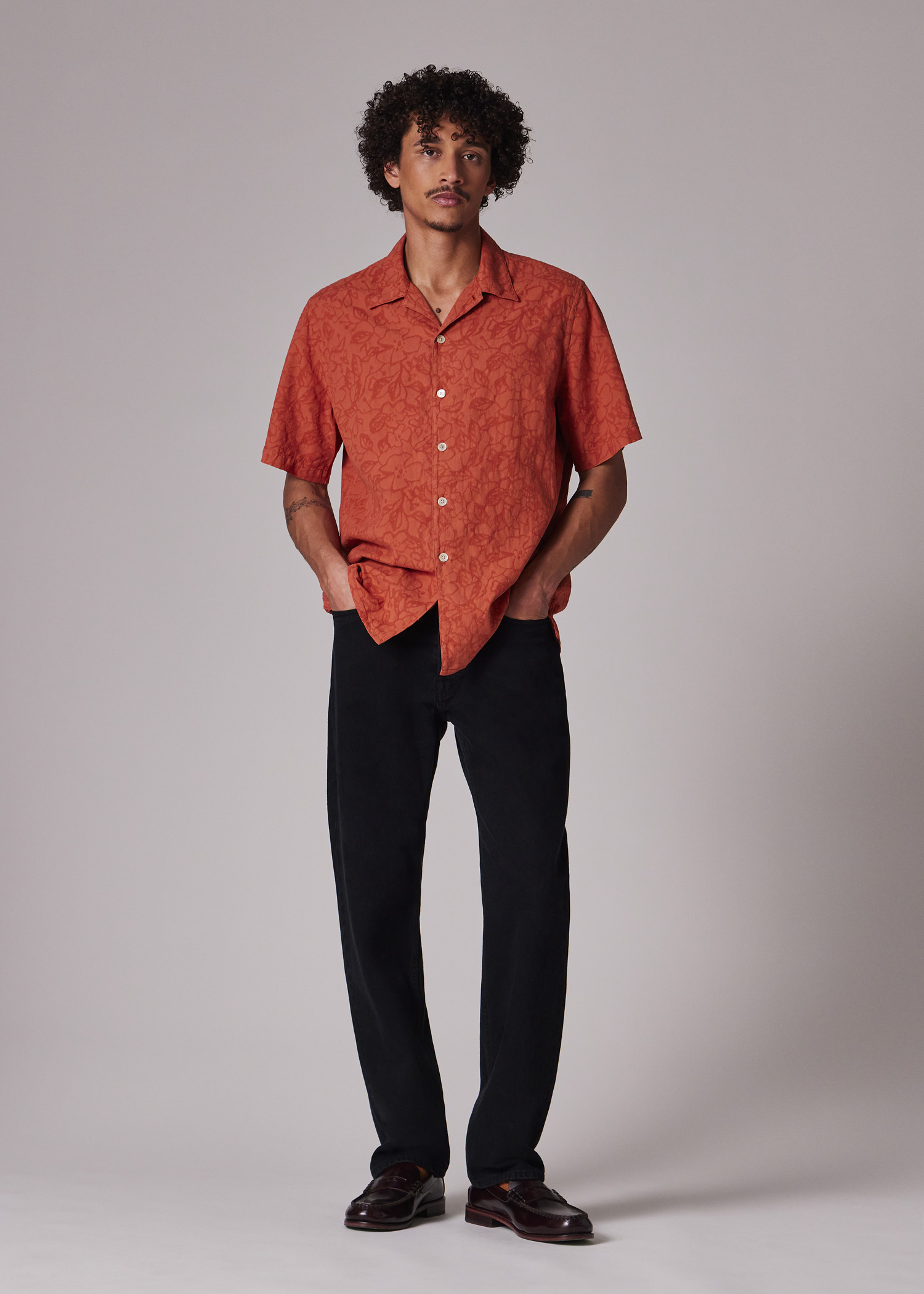 Men's Orange Cotton Textured-Jacquard Short-Sleeve Shirt