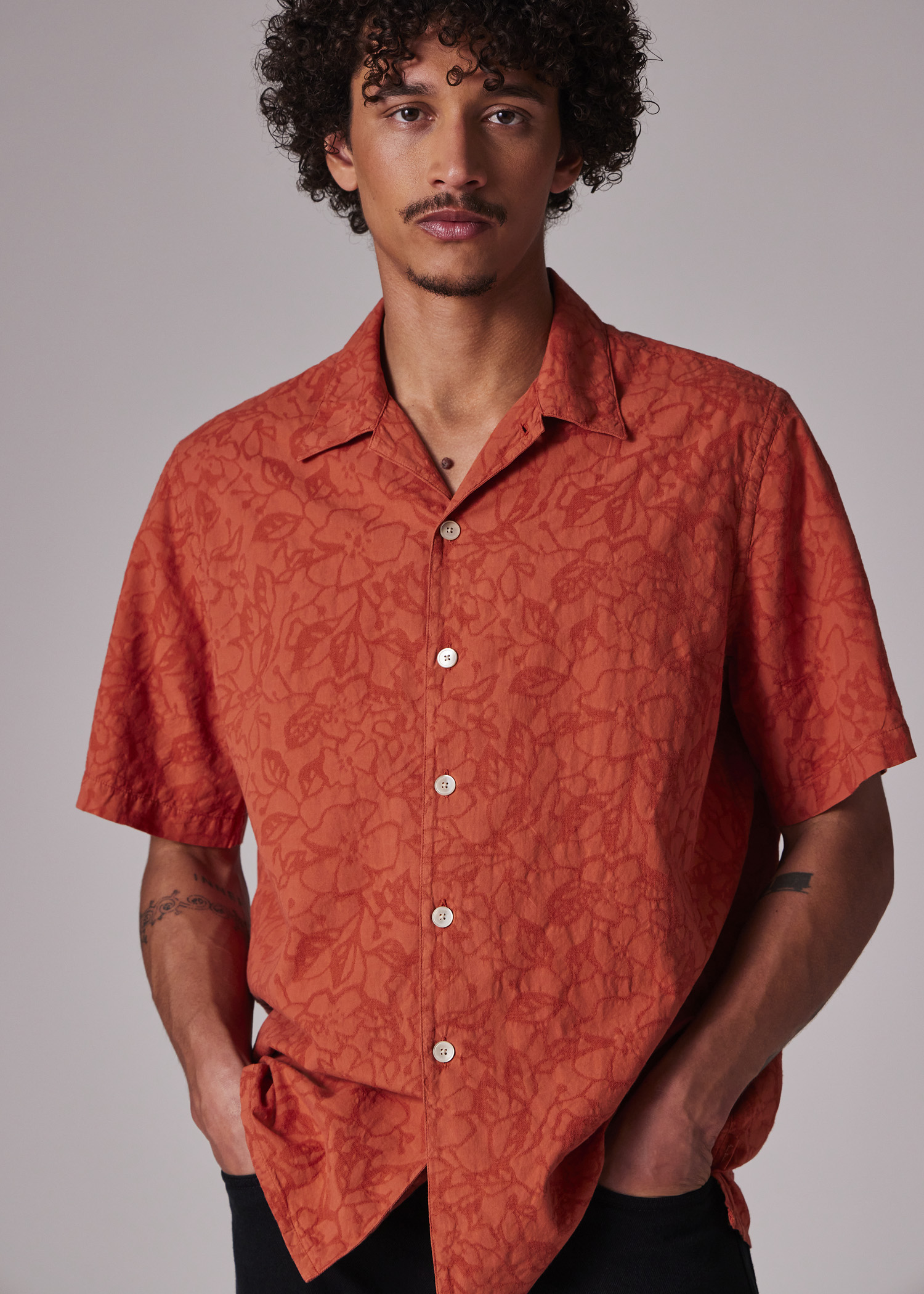 Orange Cotton Textured-Jacquard Short-Sleeve Shirt