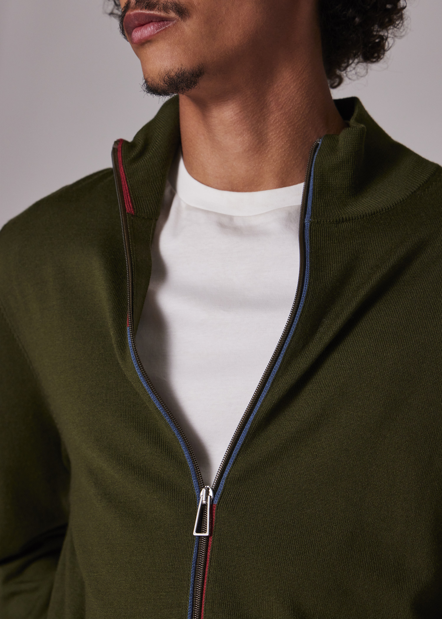 Men's Khaki Merino Wool Zip Cardigan