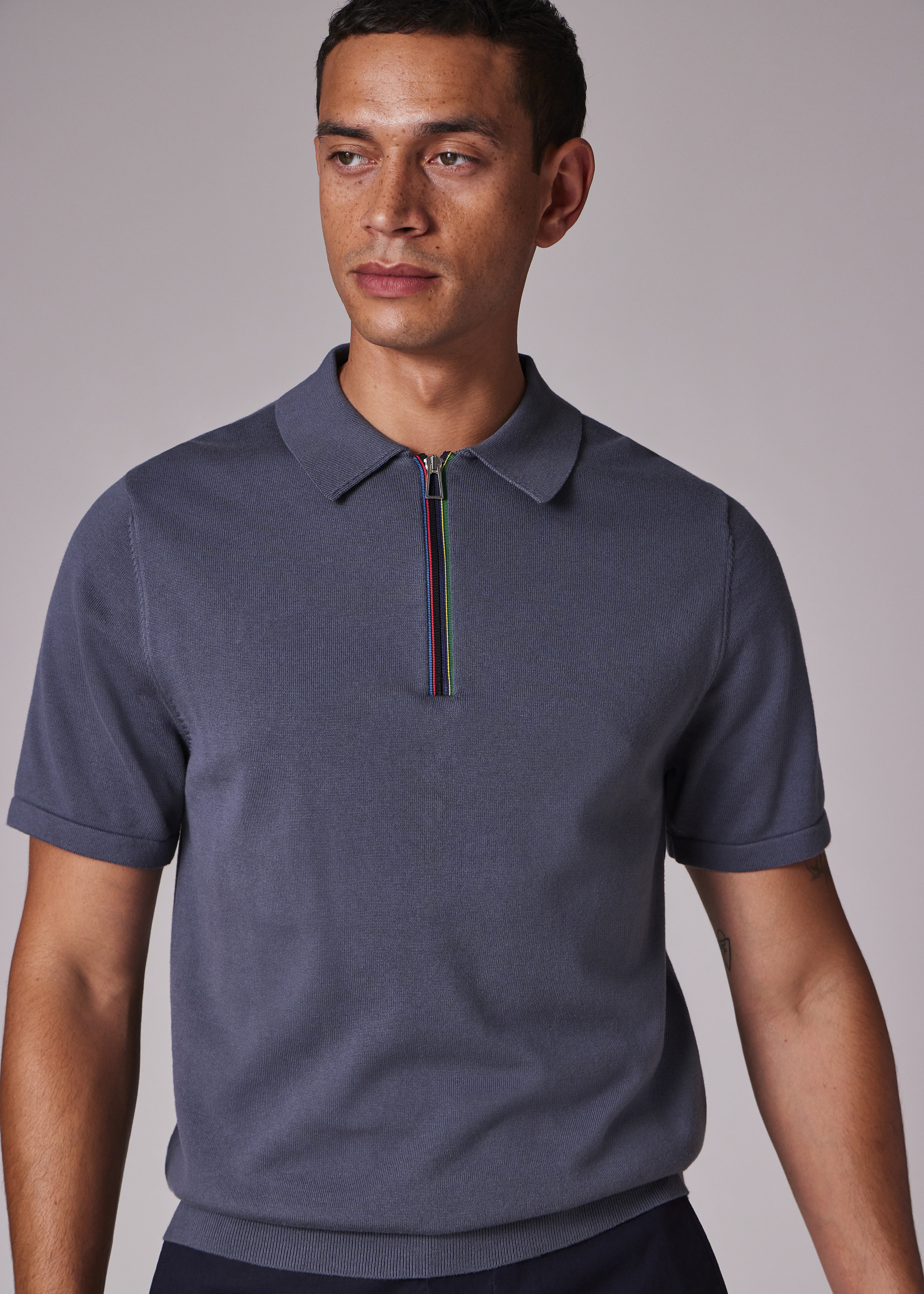 Men's Charcoal 'Sports Stripe' Zip Knitted Cotton Polo Shirt