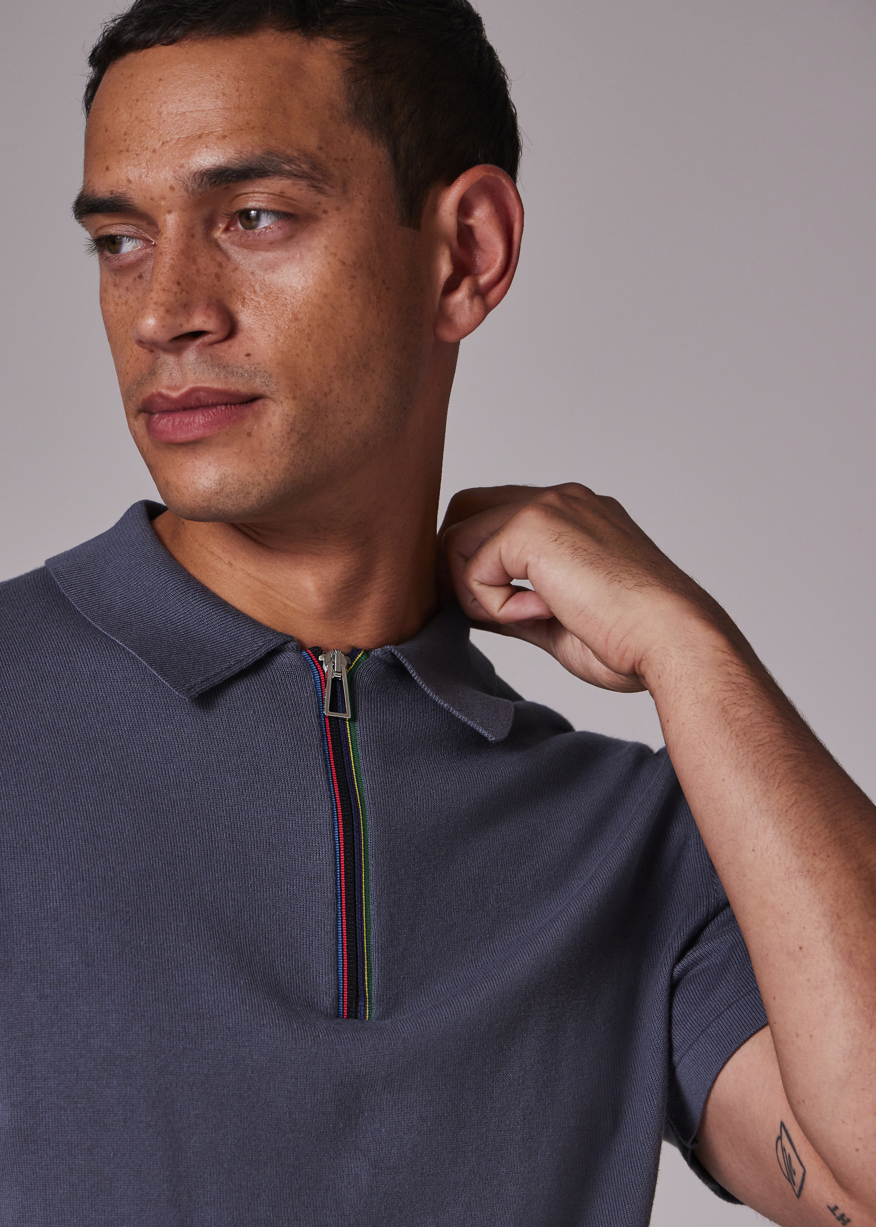 Men's Charcoal 'Sports Stripe' Zip Knitted Cotton Polo Shirt