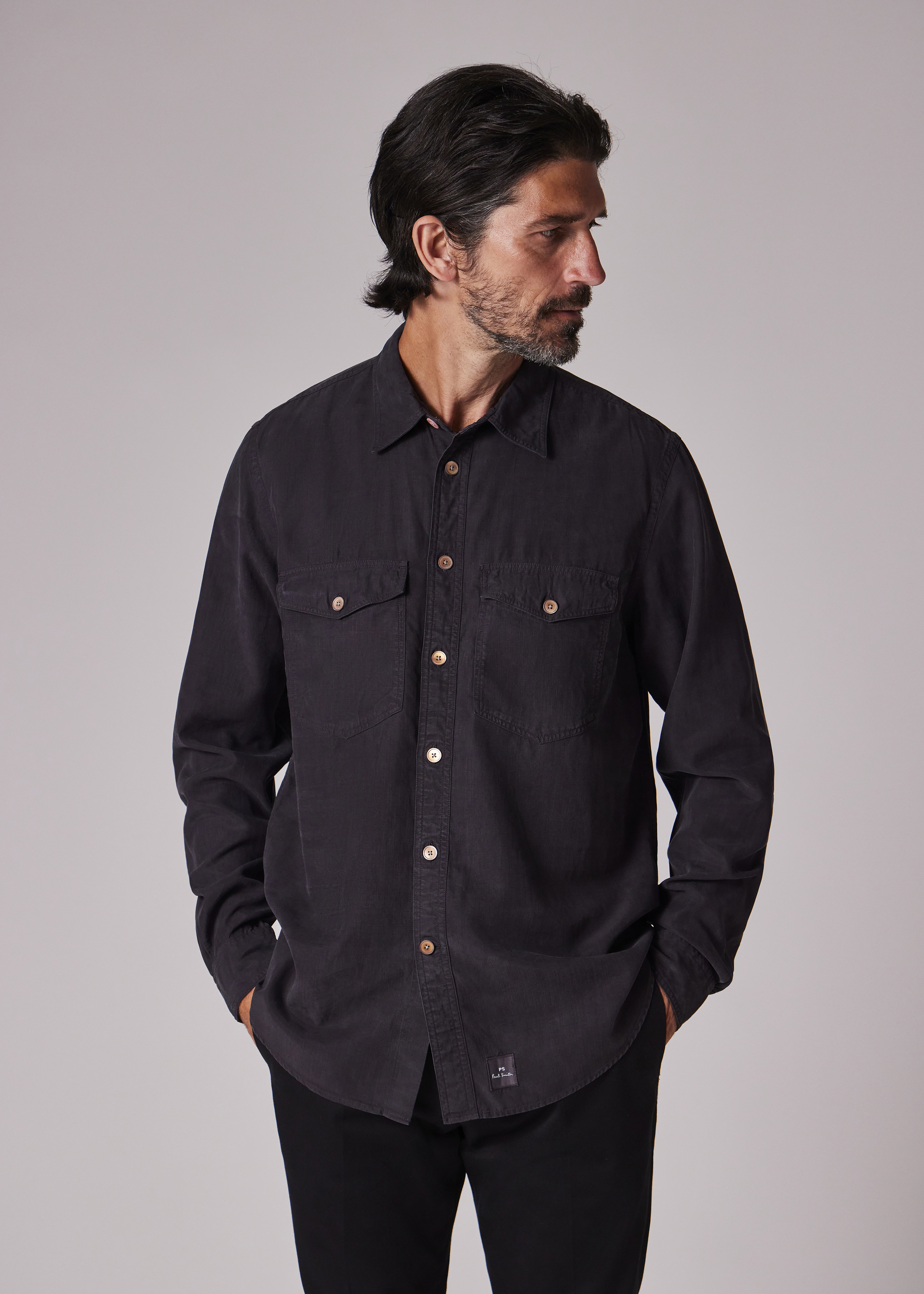 Men's Black Lyocell-Cotton Patch-Pocket Shirt