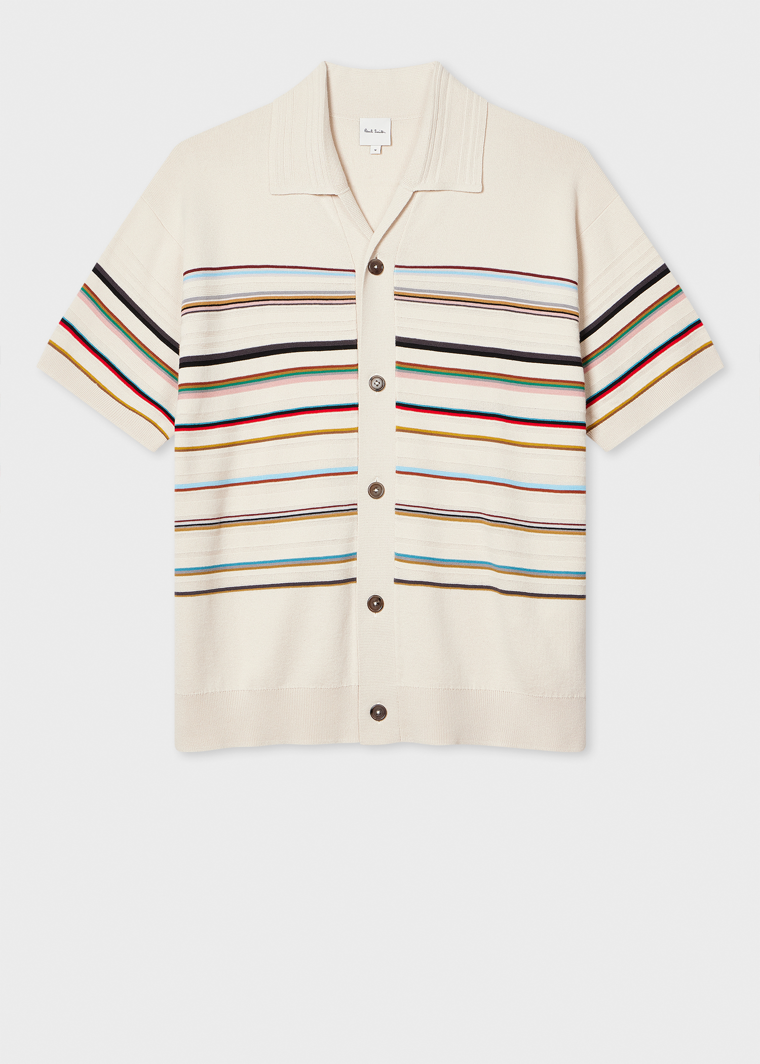 【美品】Paul Smith 開襟　サマーコットン　半袖シャツ　刺繍　XL Men's Ecru 'Signature Stripe' Knitted Cotton Short-Sleeve Shirt
