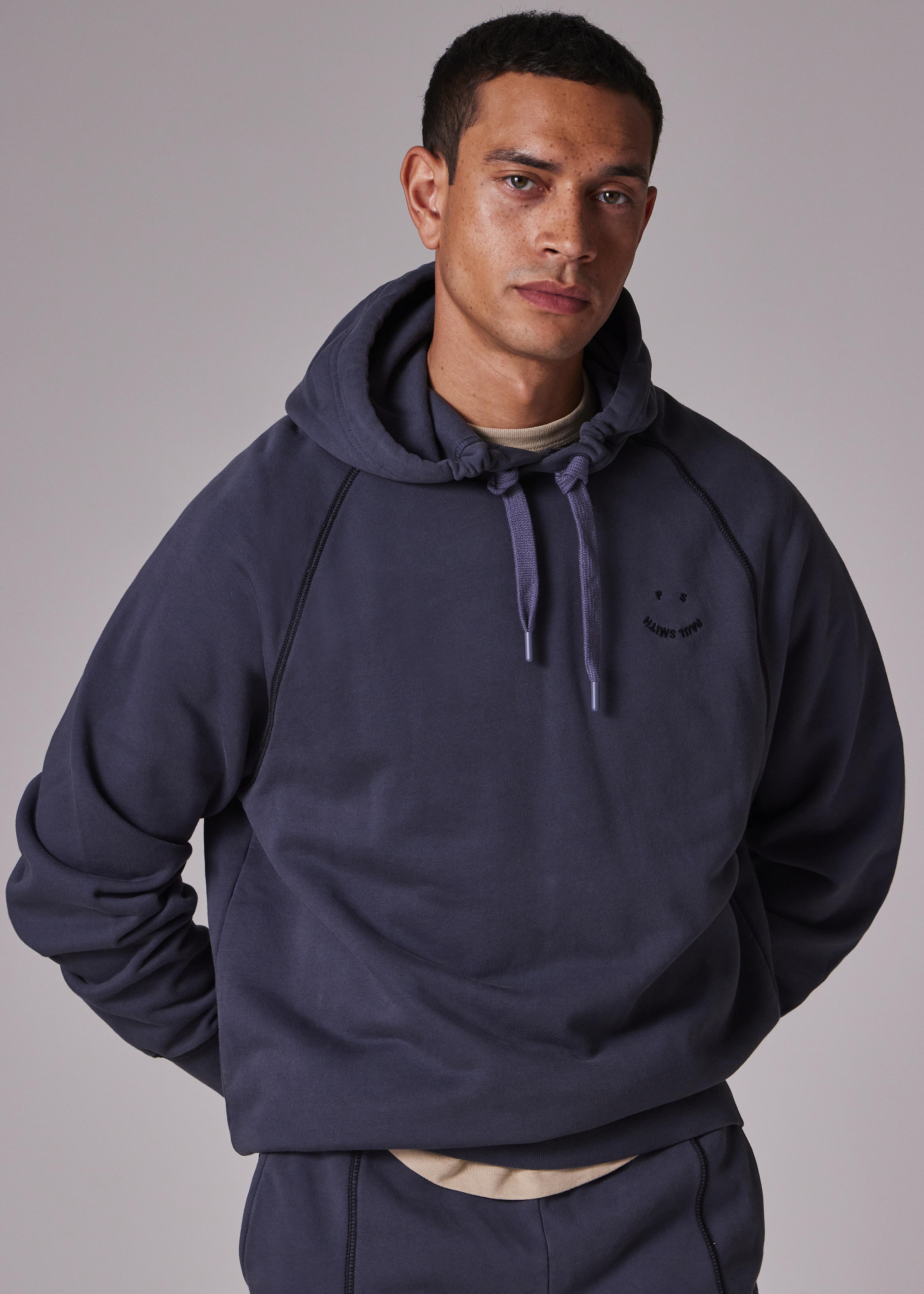 ★Paul Smith★ Happy Hood Brown M2R960XEK2116966 Men's Grey Organic Cotton 'PS Happy' Embroidered Hoodie