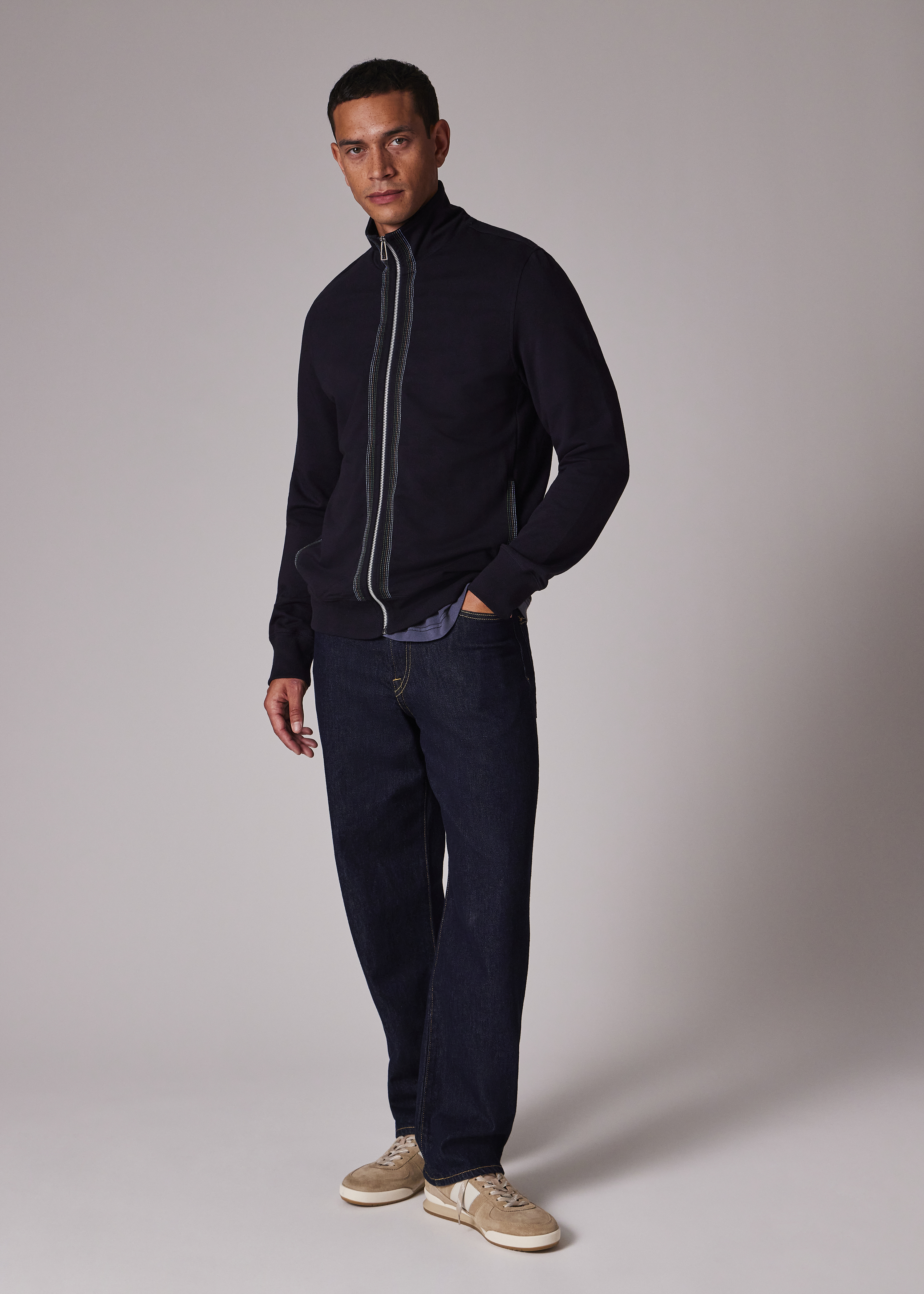 Men's Navy Cotton-Blend Zip Sweatshirt with Contrast Placket Trim