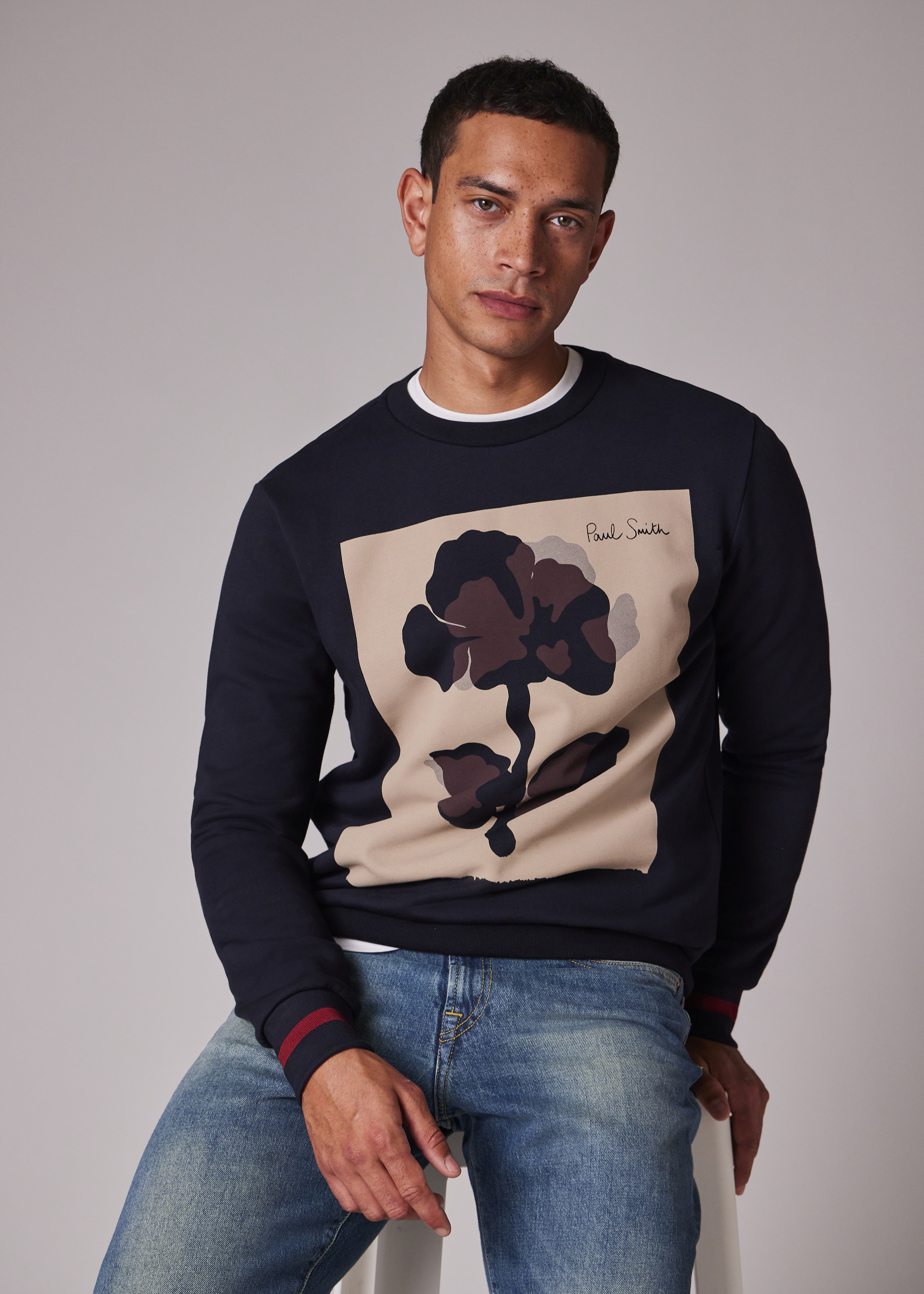 Men's Classic-Fit Navy 'Placement Flower Print' Sweatshirt