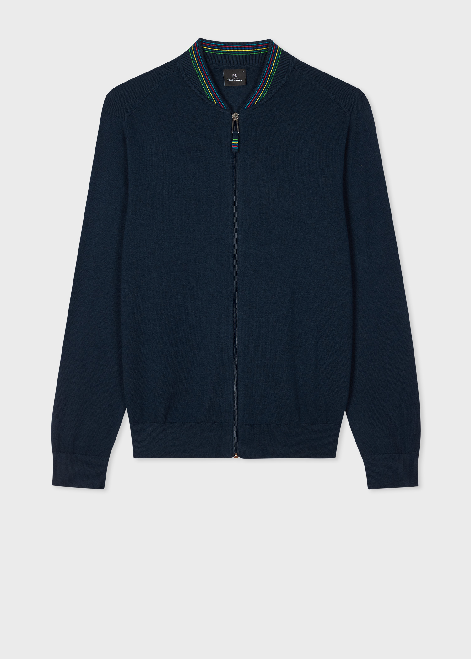 Navy Blue Cotton-Blend Zip-Through Cardigan