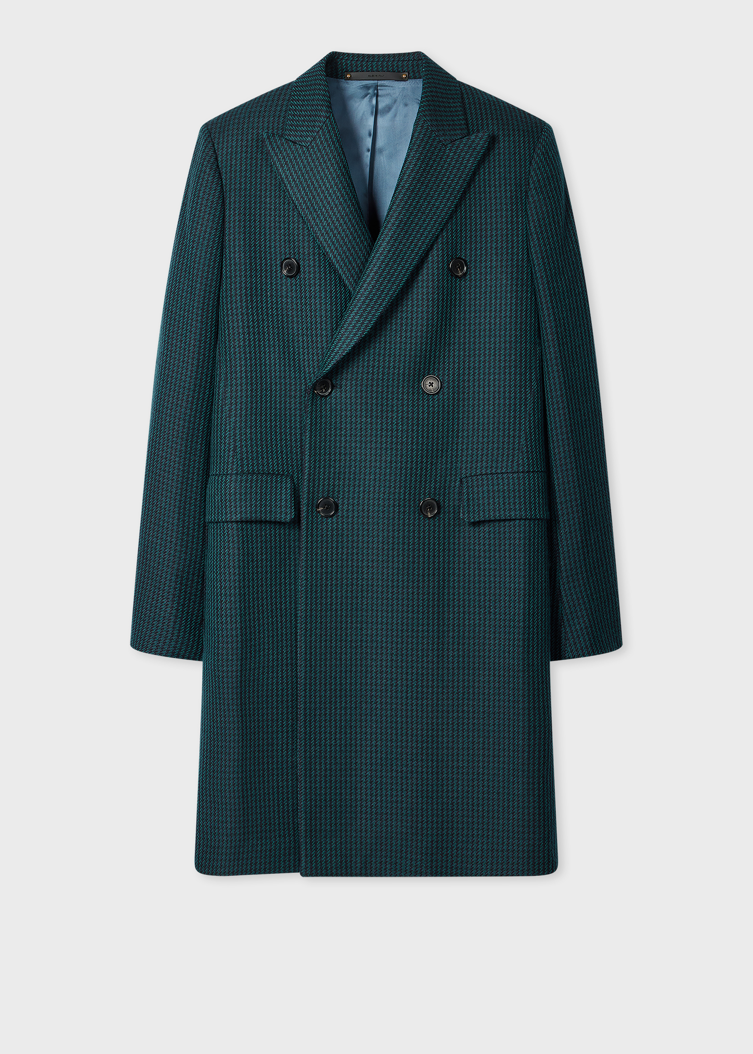Men's Navy and Teal Houndstooth Wool-Blend Double Breasted Overcoat
