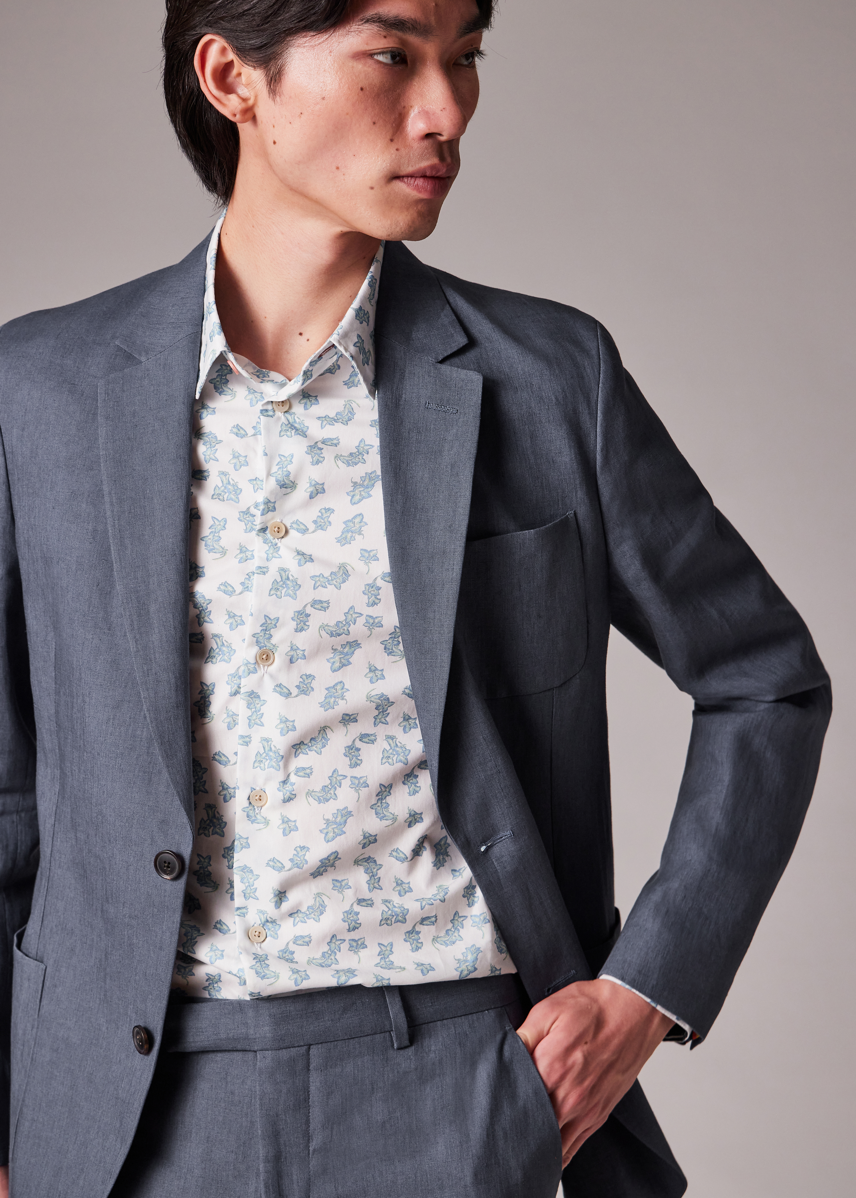Men's Stone Blue Linen Patch-Pocket Unlined Blazer