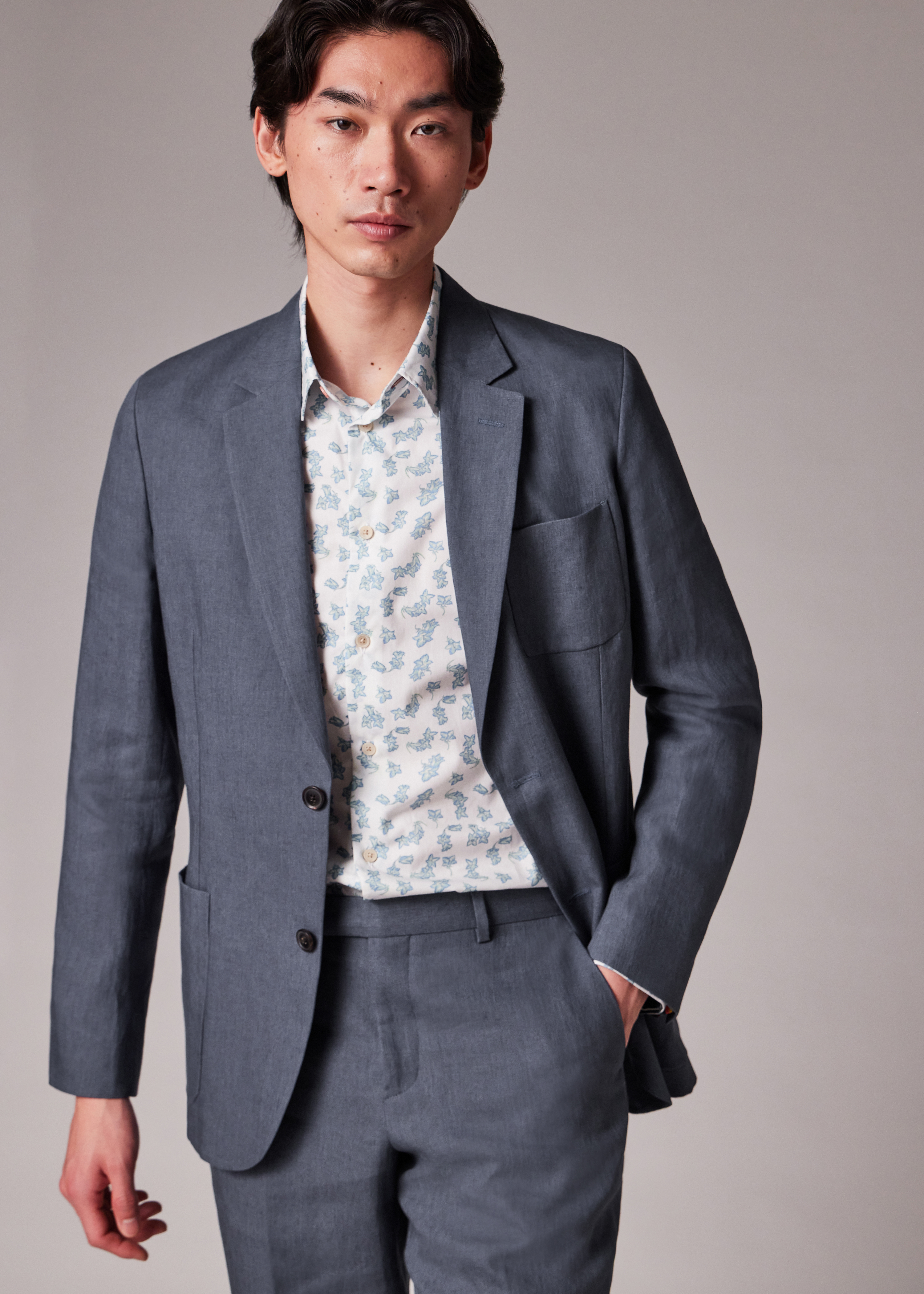 Men's Stone Blue Linen Patch-Pocket Unlined Blazer