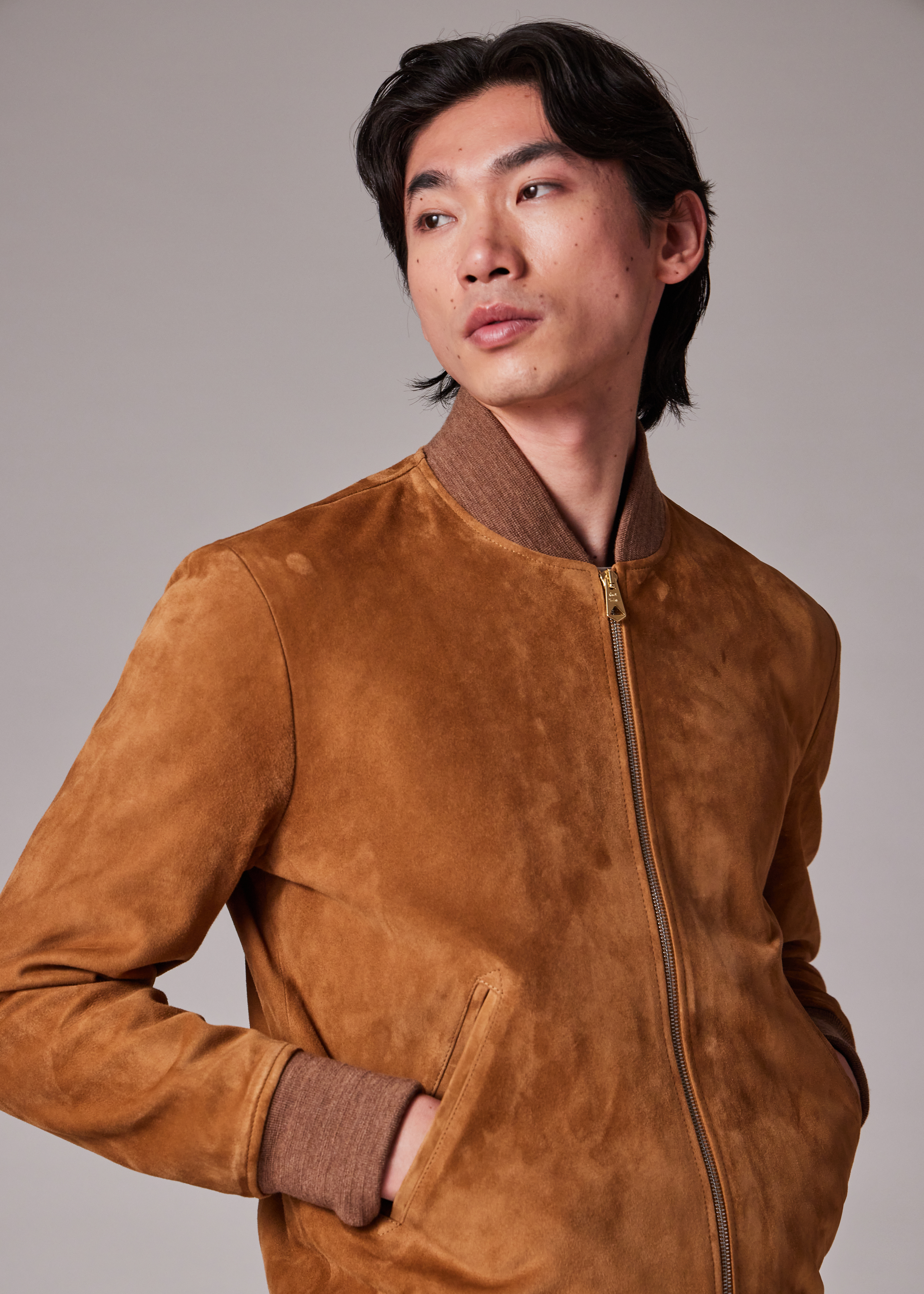 Men's Tan Suede Zip Bomber Jacket