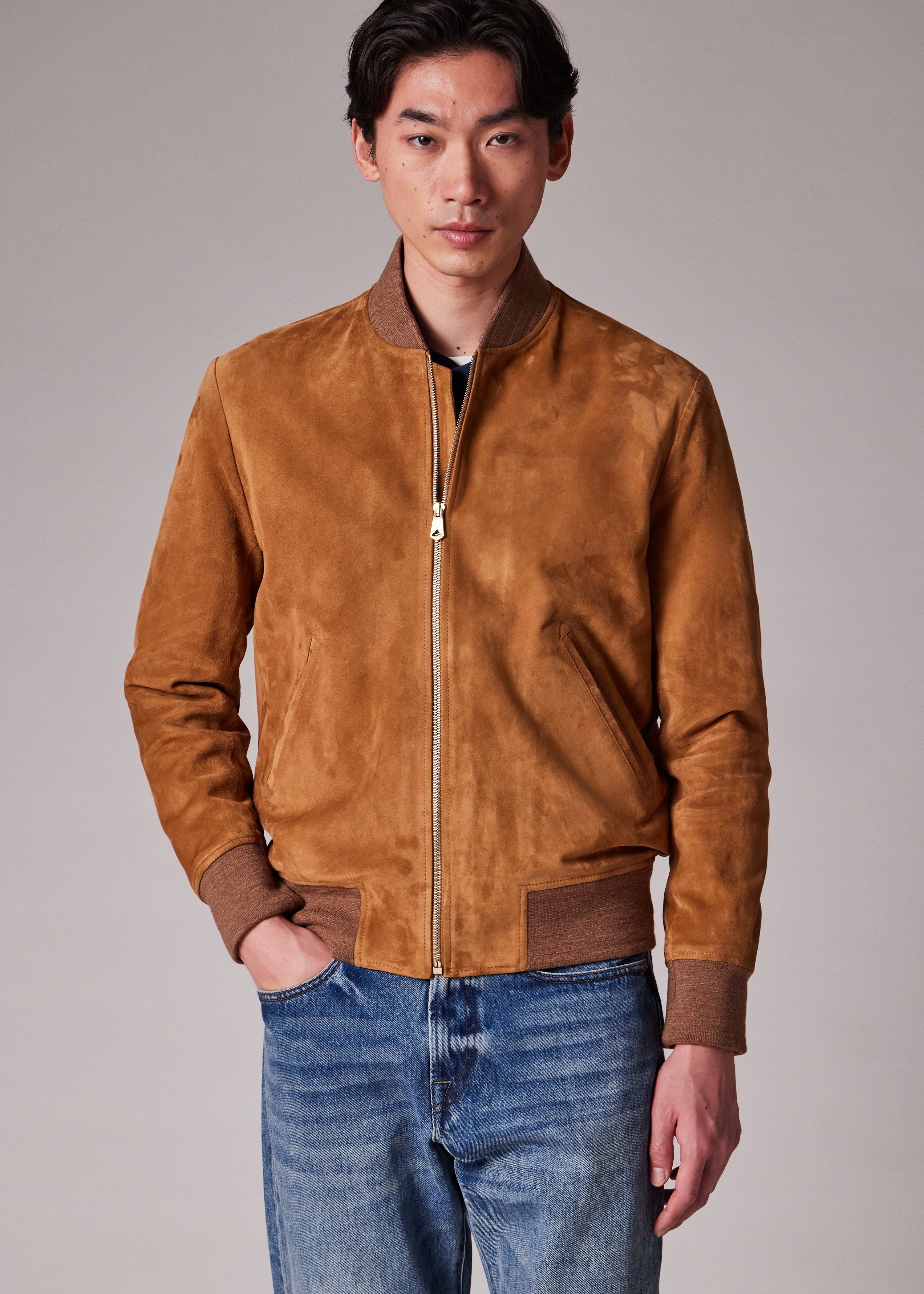 レザージャケット Paul Smith Paul Smith Regular Fit Suede Bomber Jacket Men's Tan Suede Zip Bomber Jacket