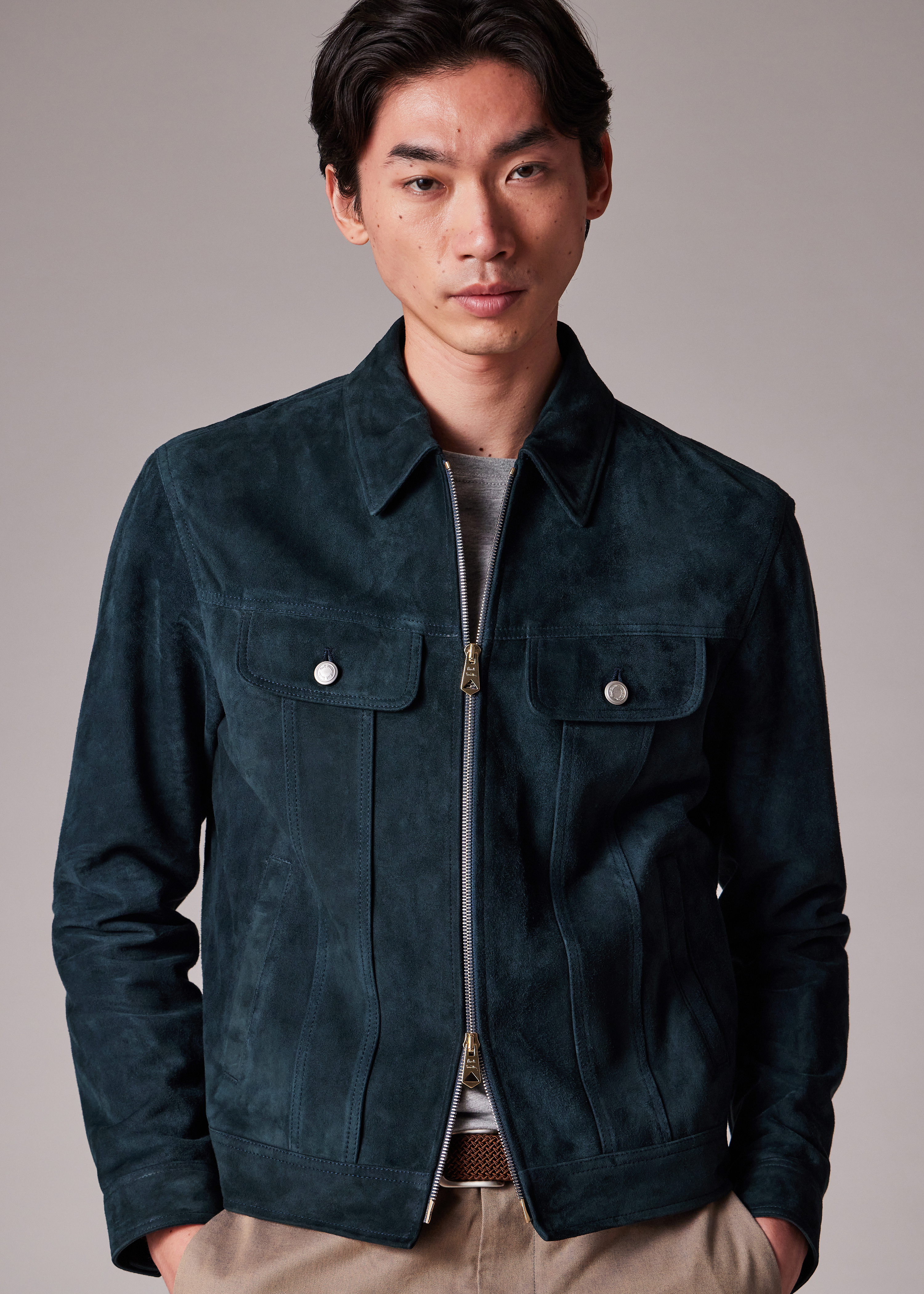 Men's Slim Fit Dark Teal Suede Trucker Jacket Paul Smith