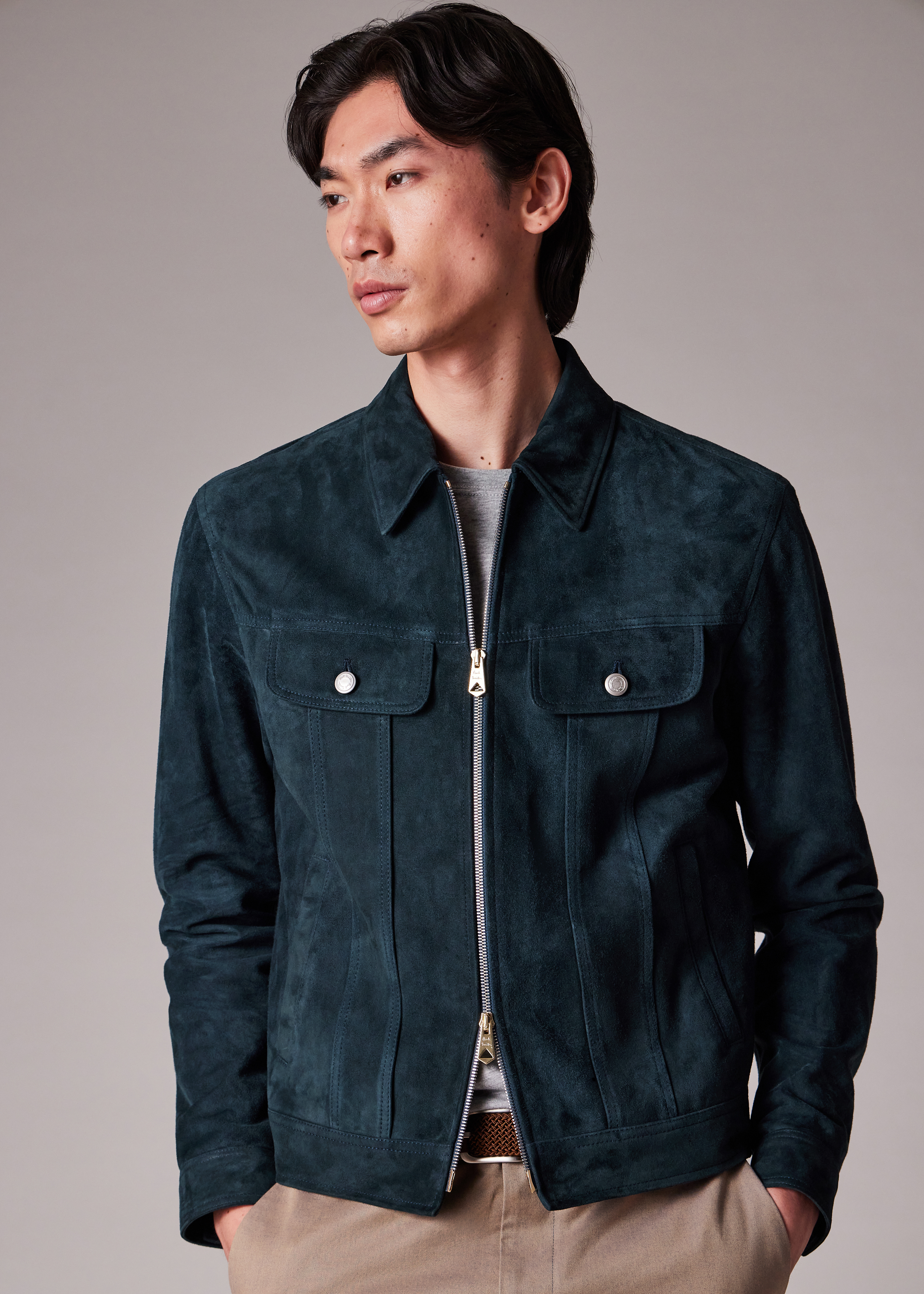 Men's Slim Fit Dark Teal Suede Trucker Jacket Paul Smith