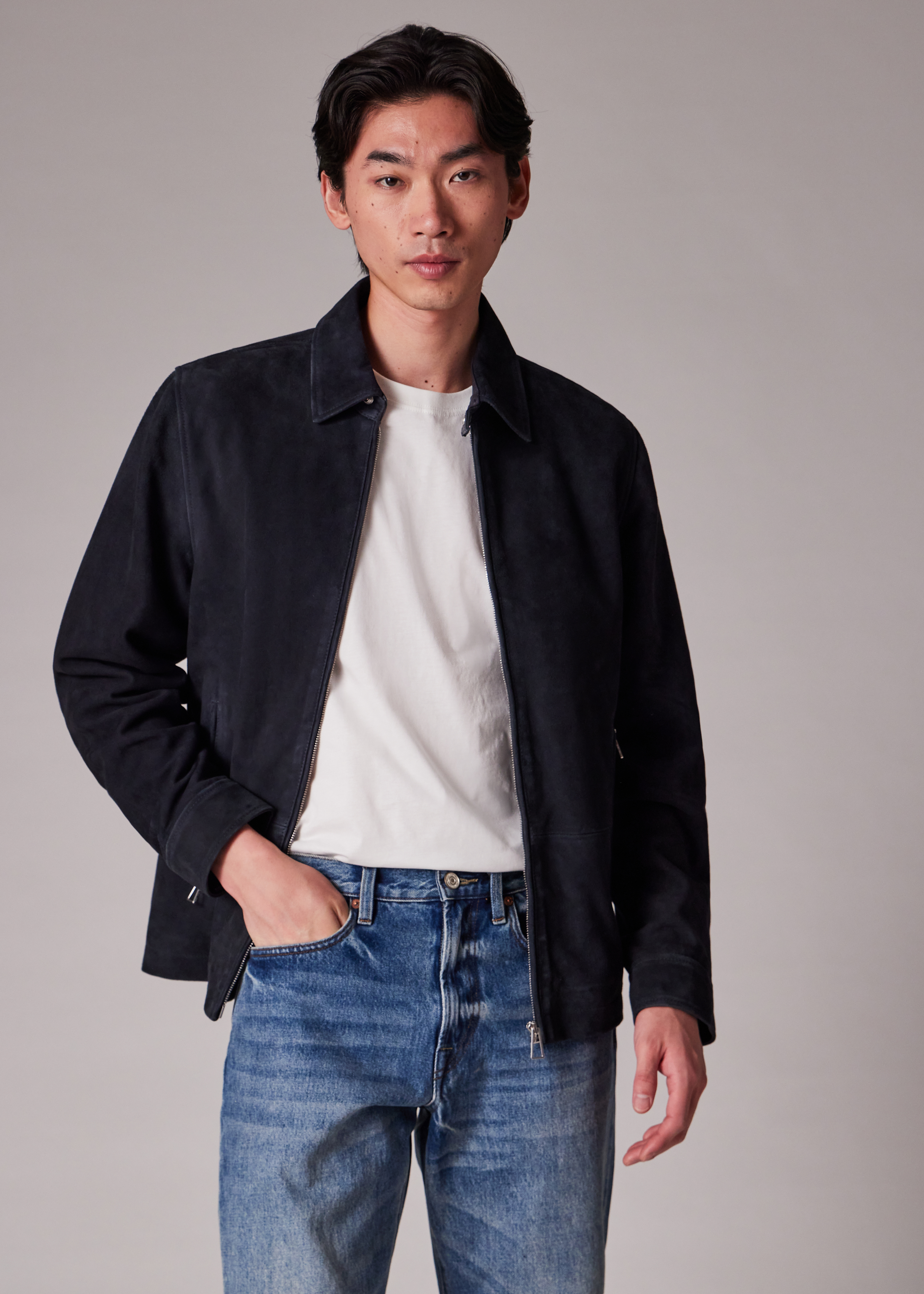 Men's Navy Suede Zip-Front Jacket