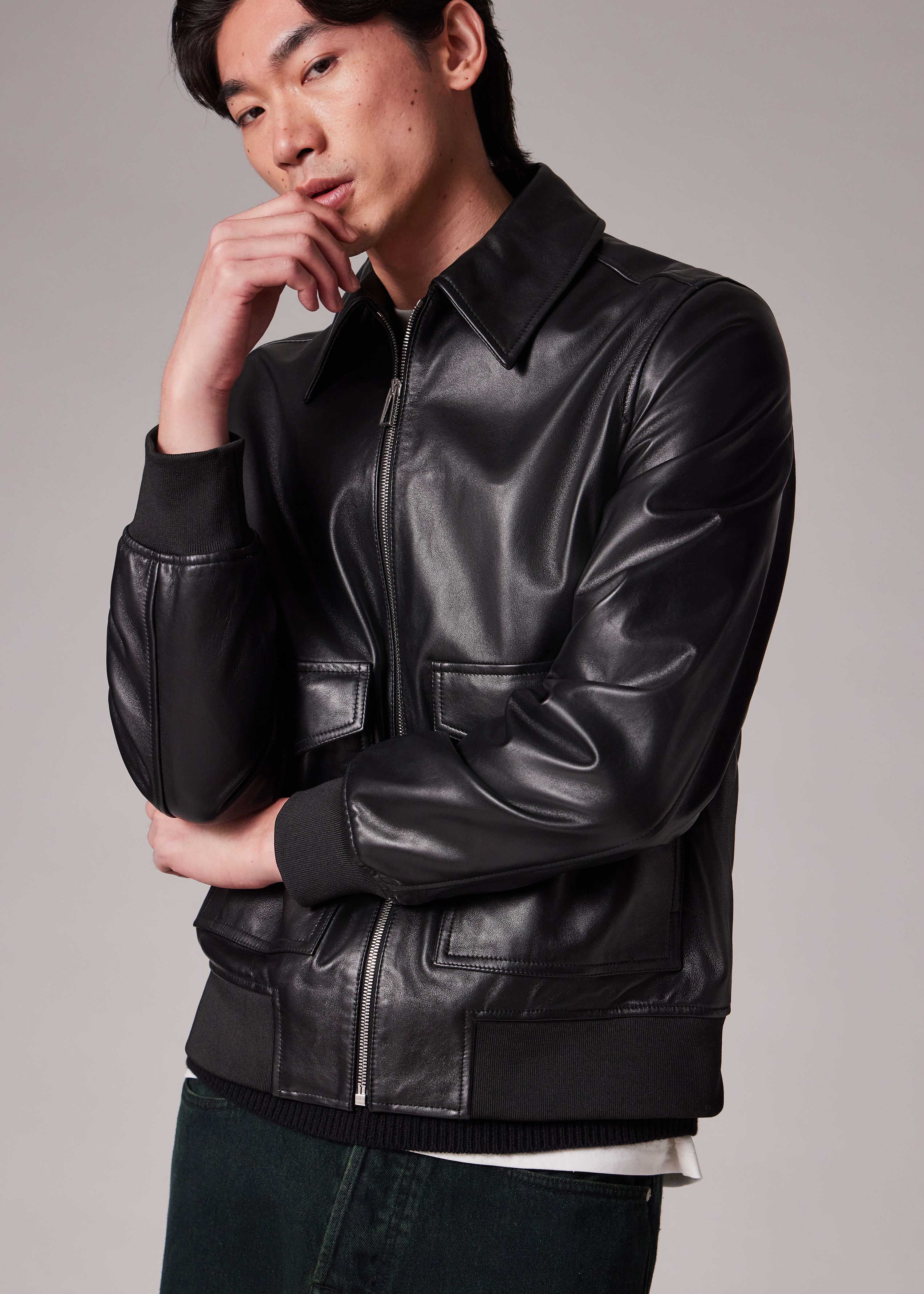 Men's Black Leather Patch-Pocket Jacket