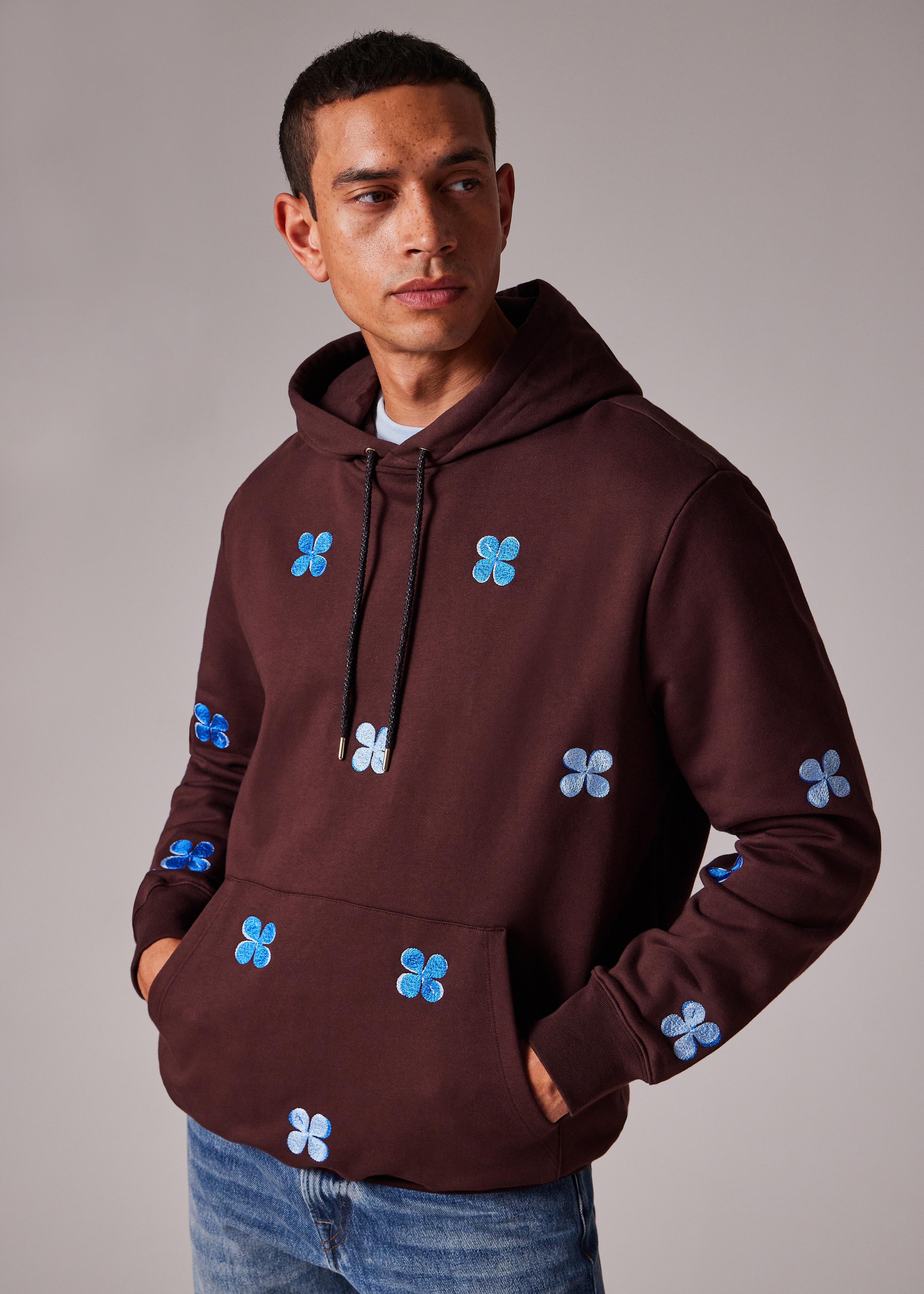 Men's Burgundy Embroidery Floral Cotton Hoodie
