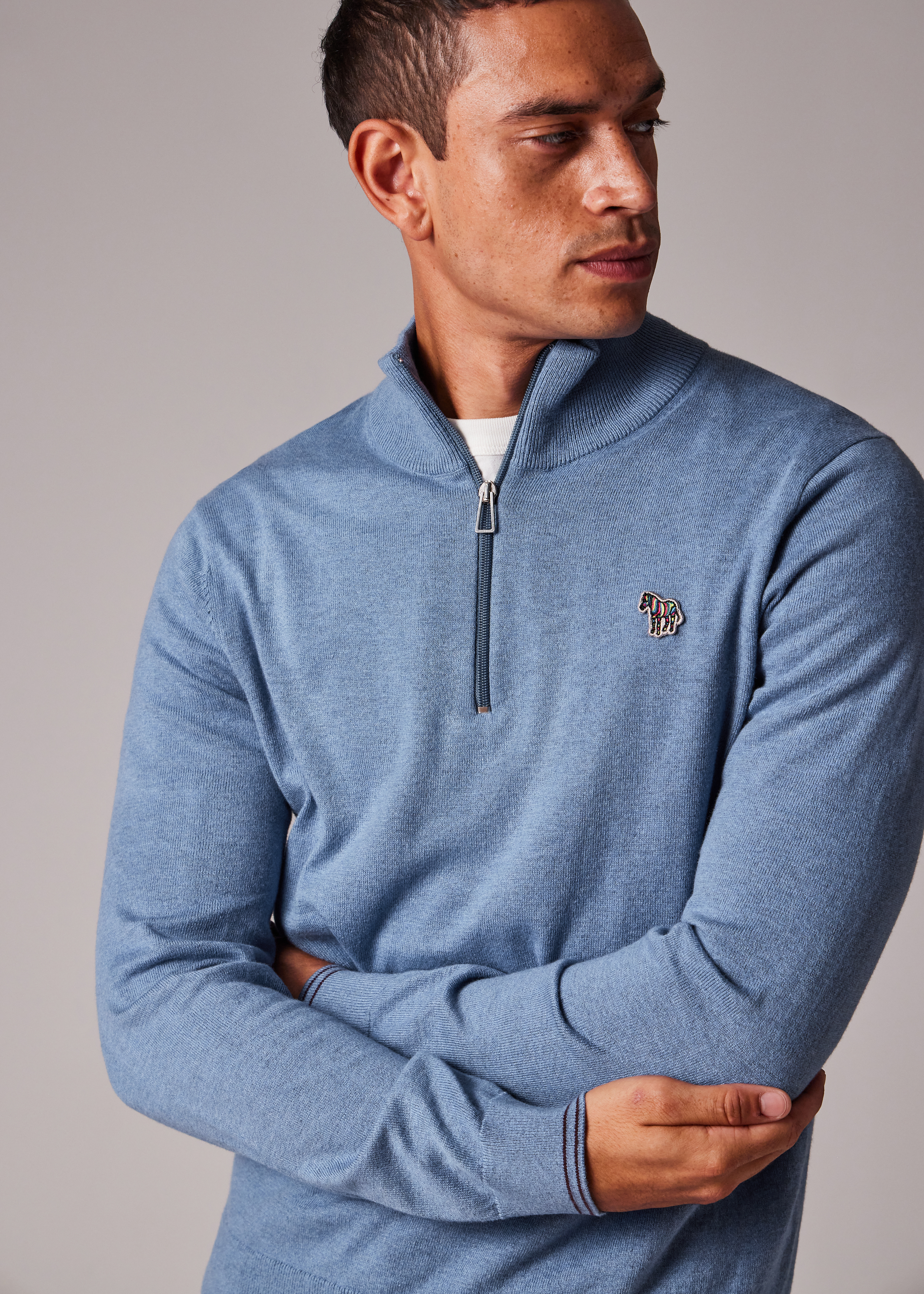 Pale Blue Cotton-Blend Zebra Logo Half Zip Sweater