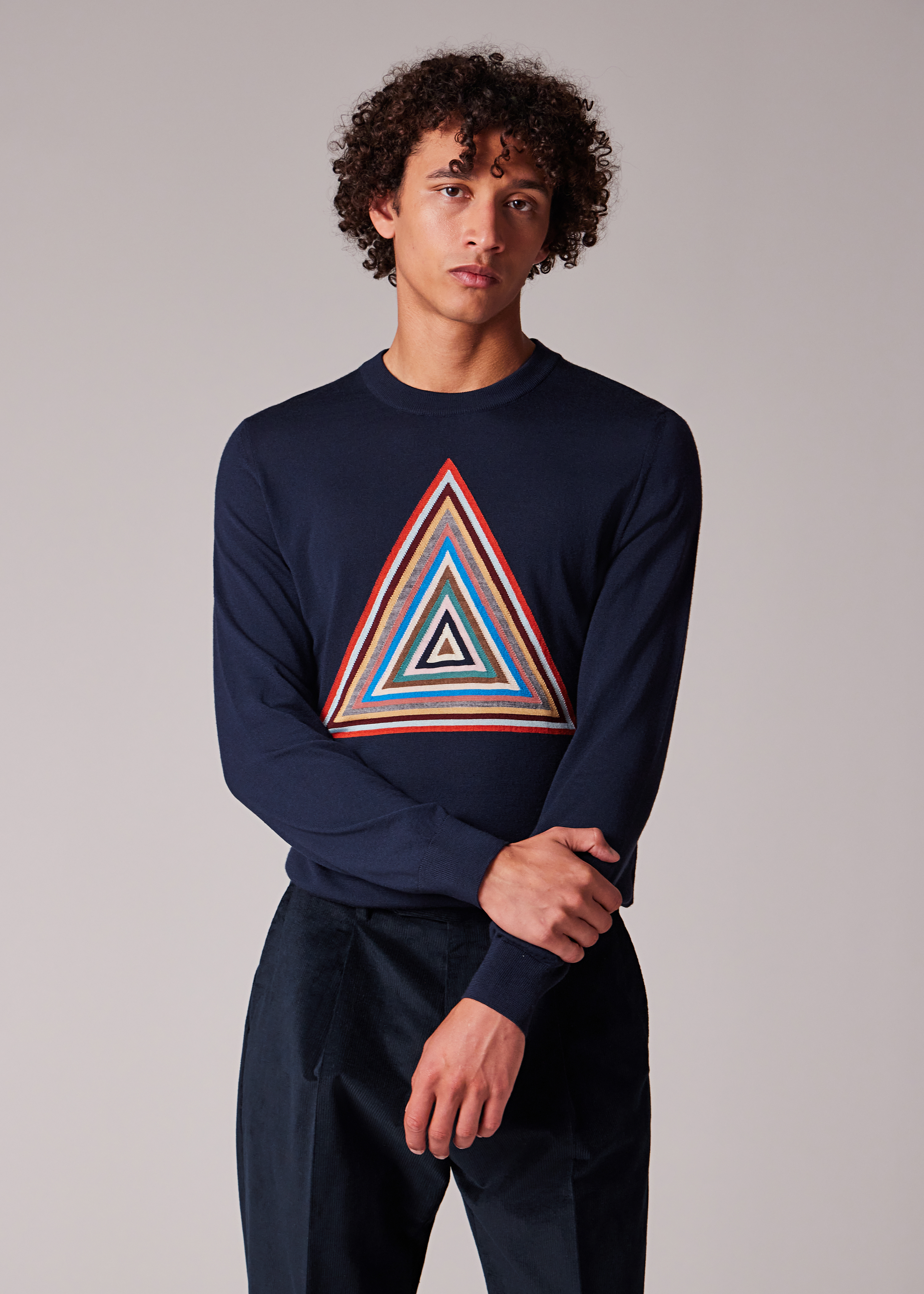 Men's Navy Wool 'Pyramid Stripe' Intarsia Sweater