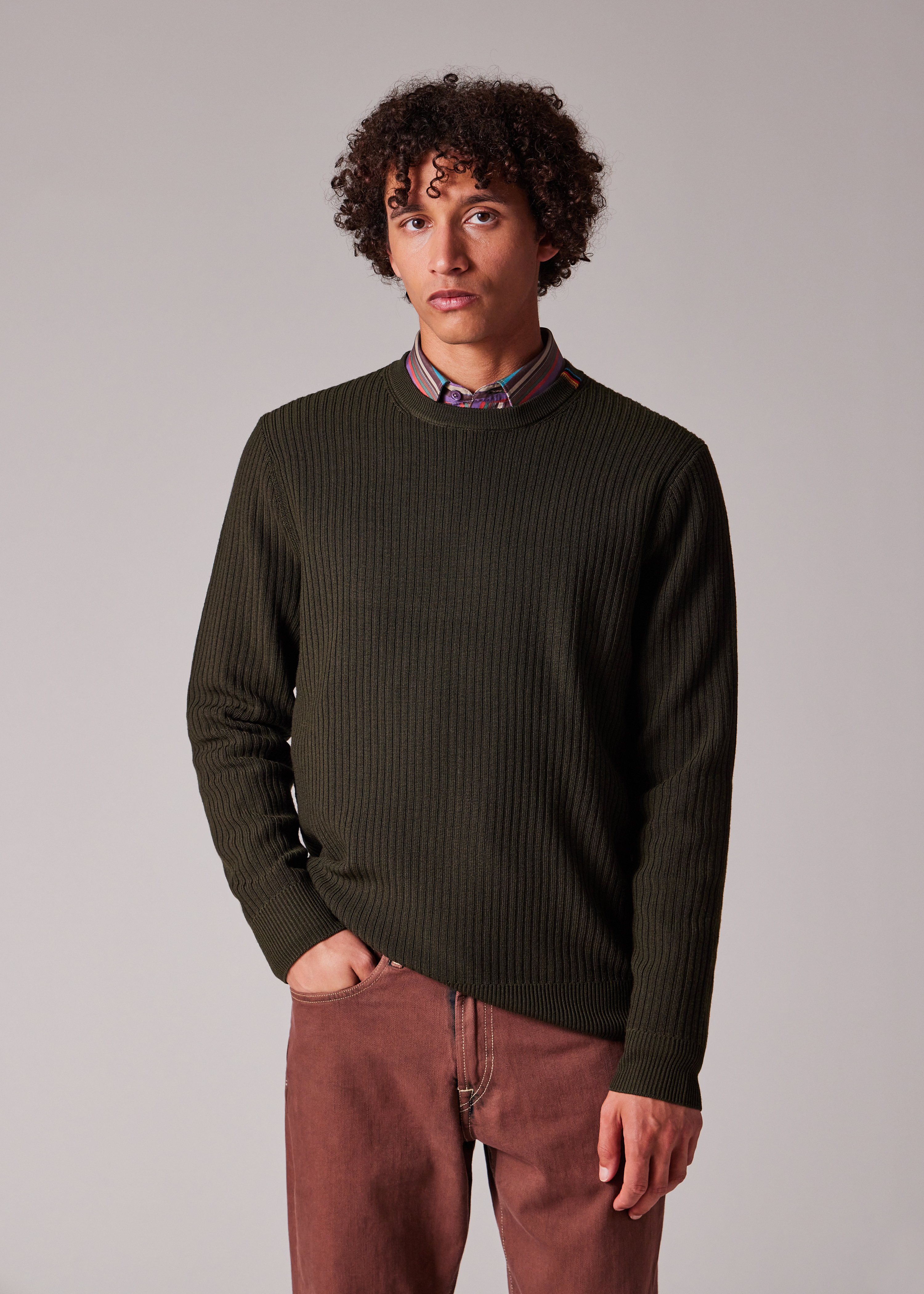 Men's Khaki Washable Merino Wool 'Signature Stripe' Crew