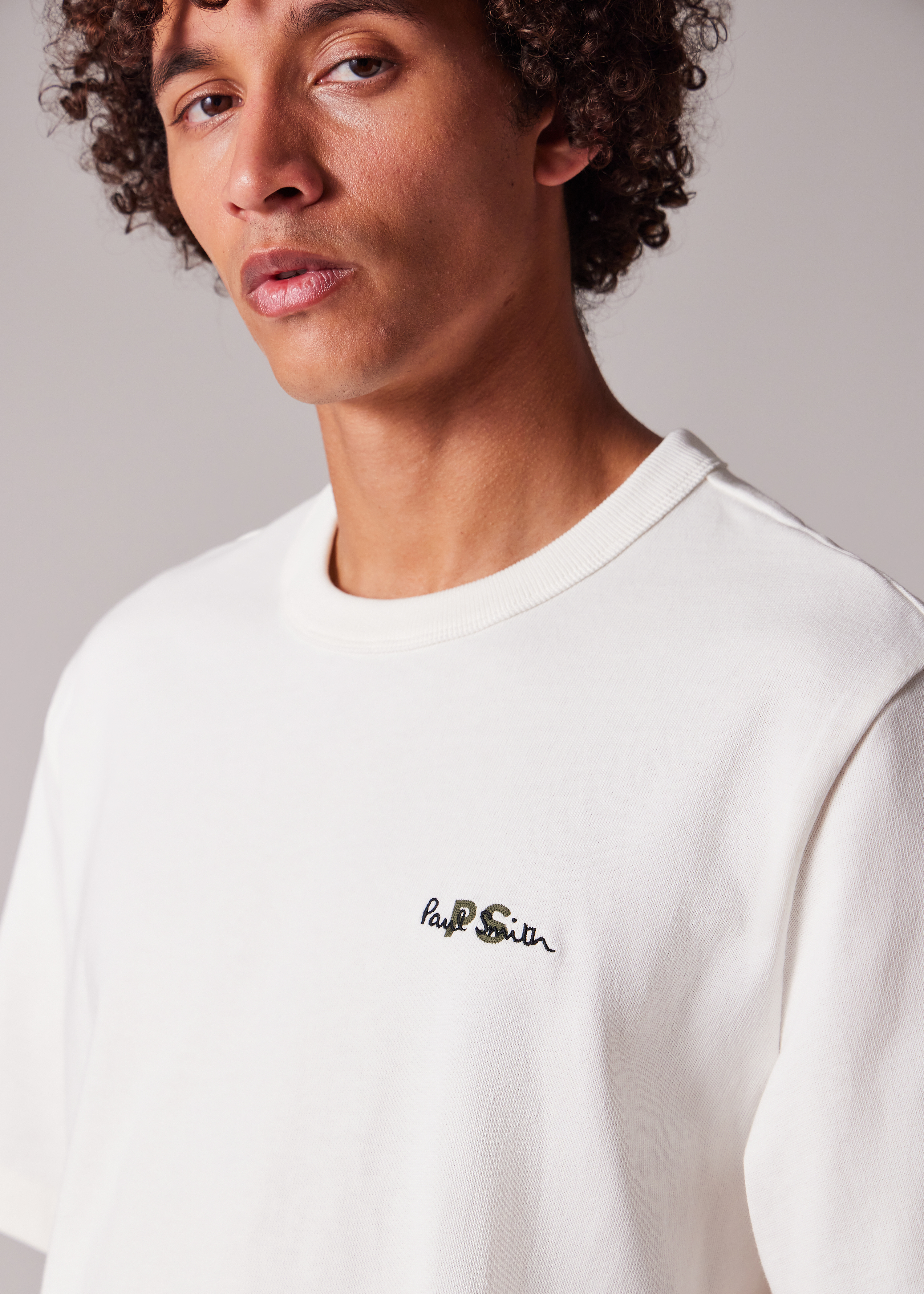 Men's Ecru Logo Embroidery Cotton T-Shirt
