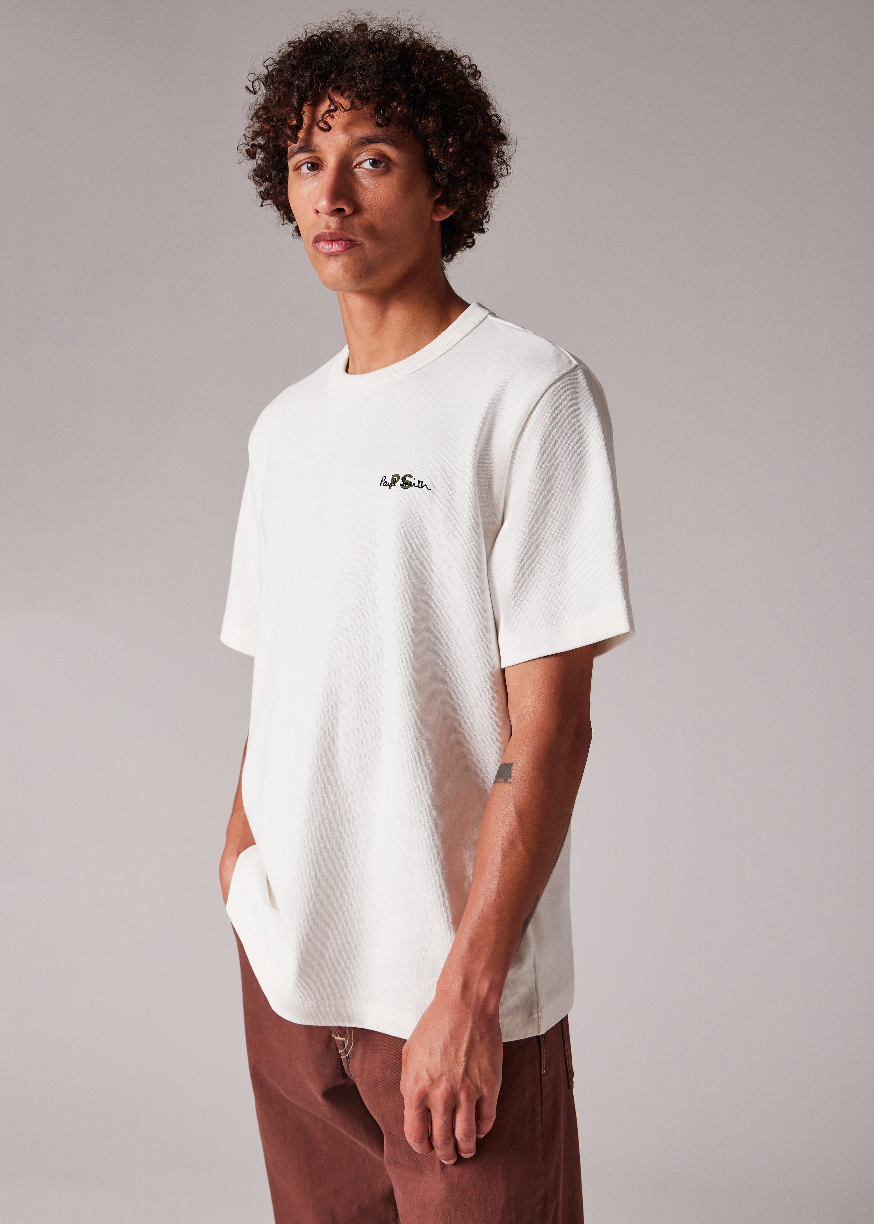 Men's Ecru Logo Embroidery Cotton T-Shirt