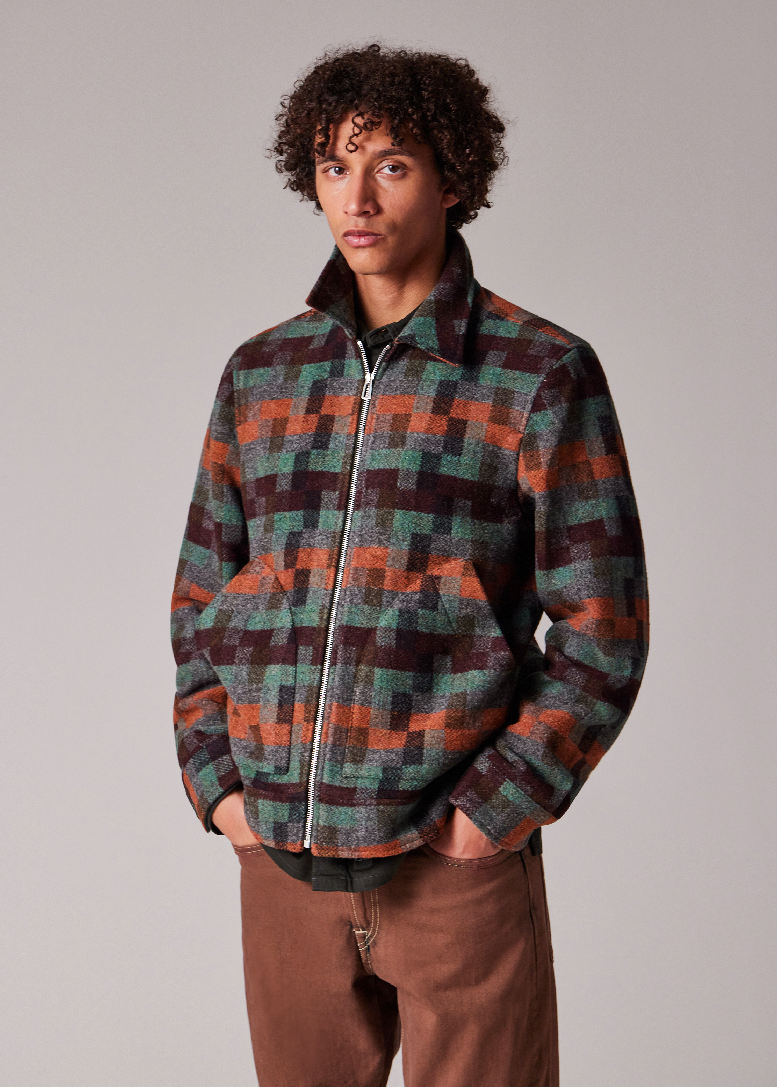 Men's Teal Jacquard Check Wool Zip Jacket