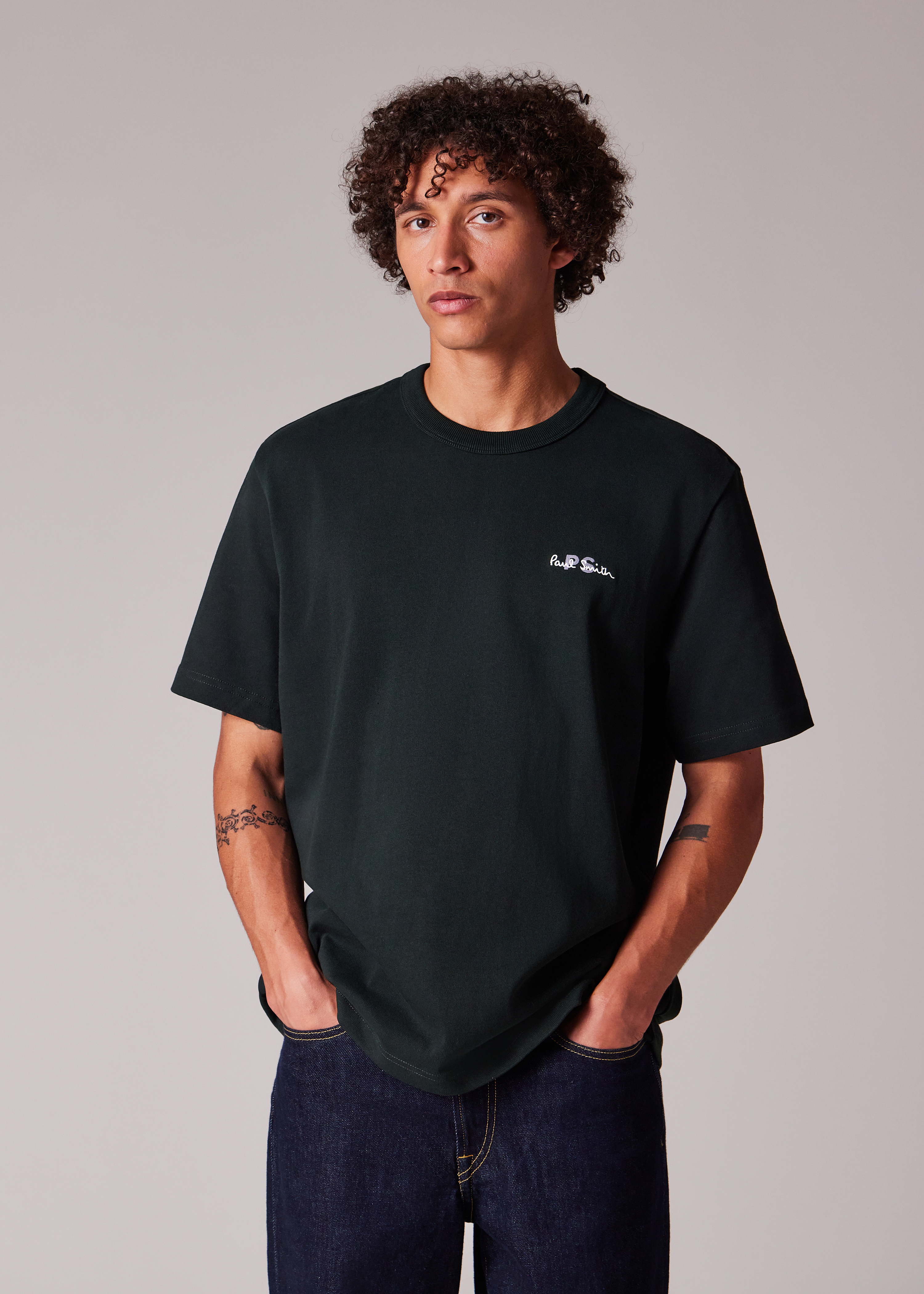 Men's Ecru Logo Embroidery Cotton T-Shirt