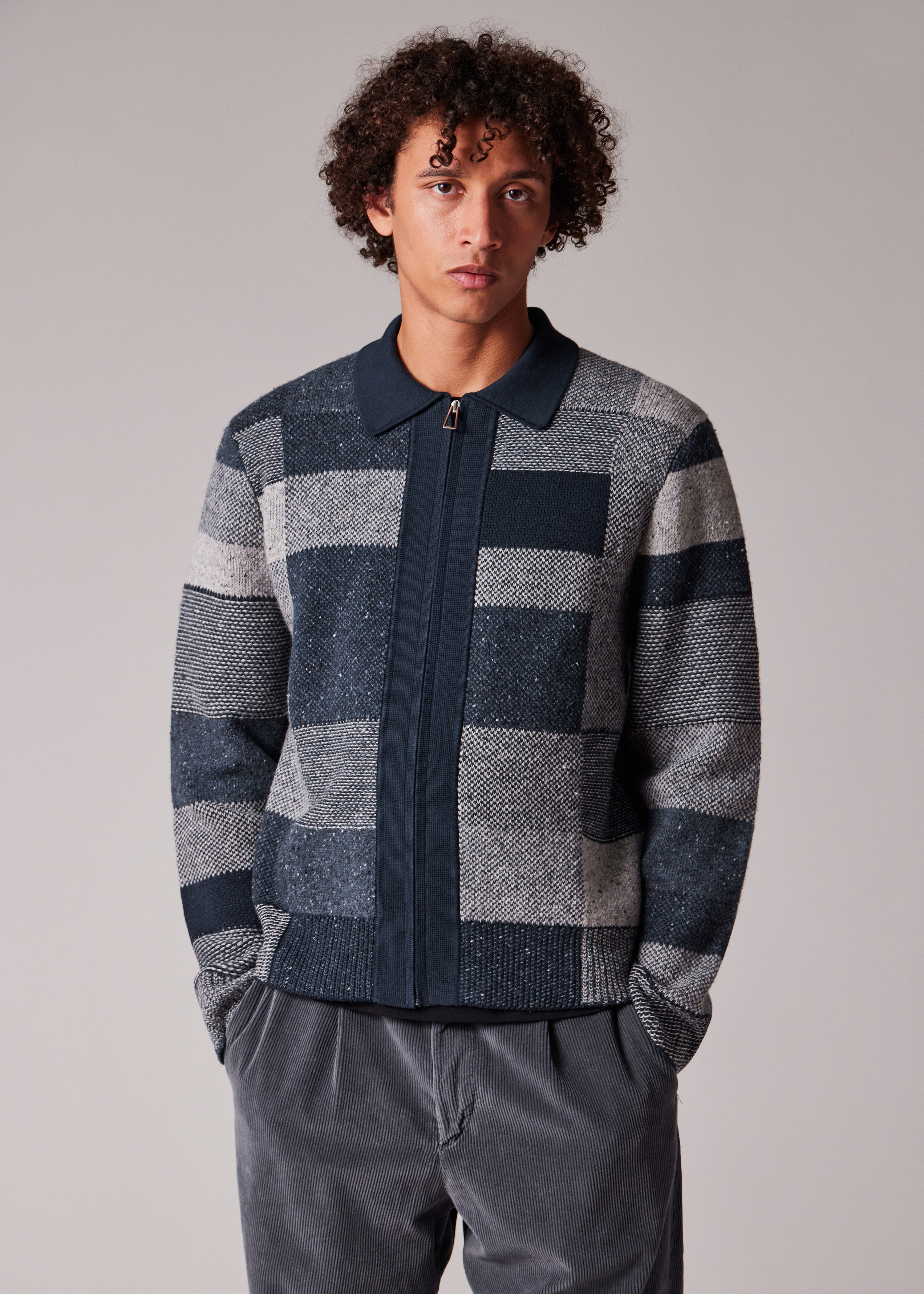 Men's Navy Tonal Patchwork Zip-Through Cardigan